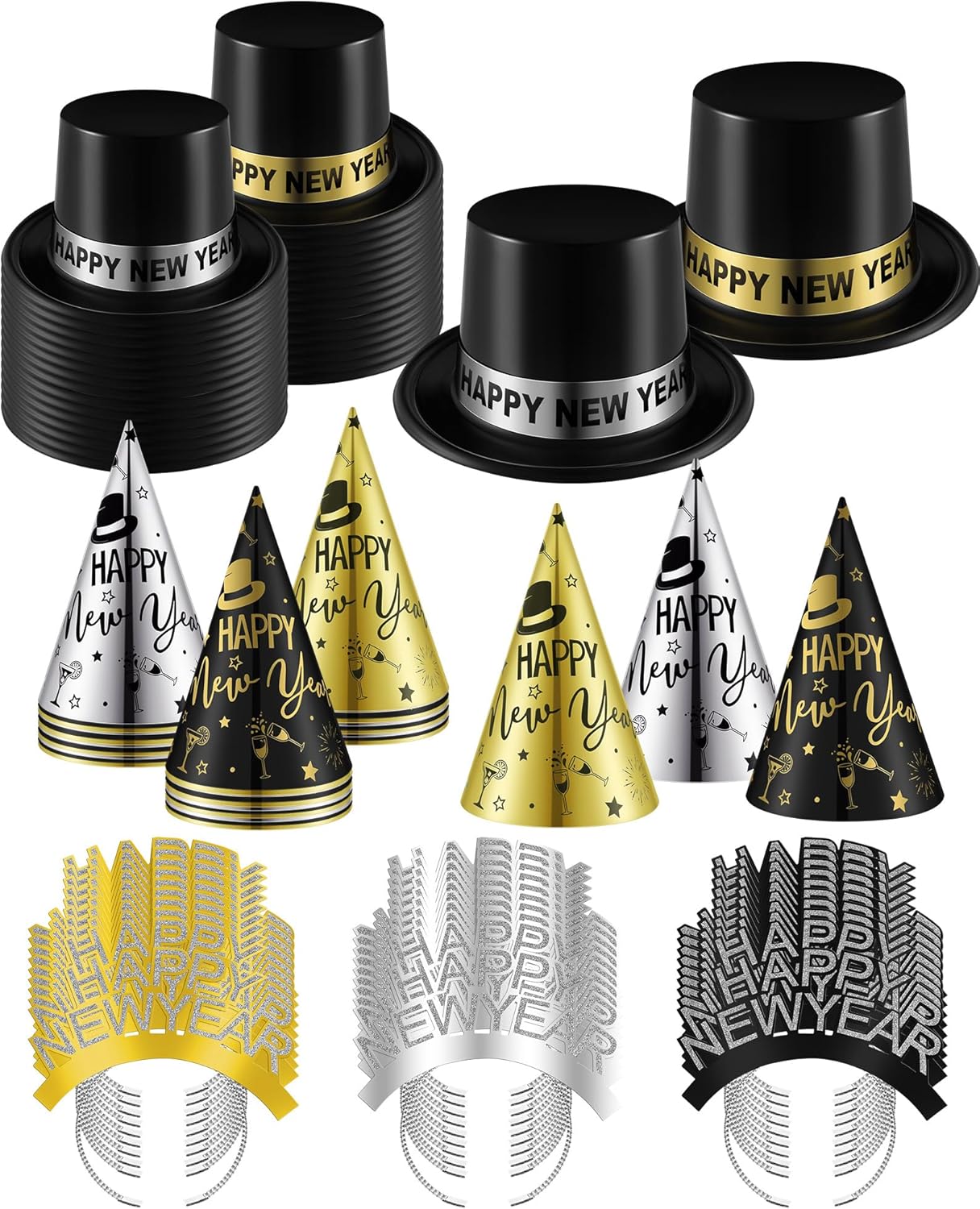 Wenqik 100 Pcs 2026 New Years Eve Party Supplies Includes 30 Top Hats 40 Cone Hats 30 Headbands Tiaras for 2026 Decorations