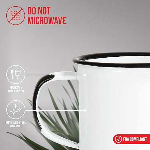 Miniatura 3 de Red Co. Juego de 6 tazas redondas de café y té de metal esmaltado de 5 onzas con asa, borde blanco/negro envejecido