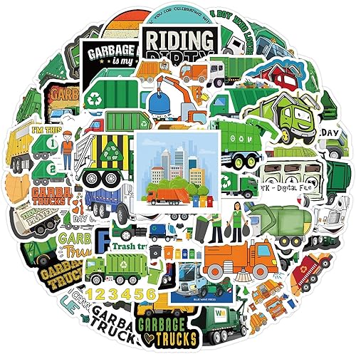Miniatura 1 de 60 calcomanías de camión de basura para botellas de agua para niños, calcomanías de camión de basura de dibujos animados, divertidas calcomanías de