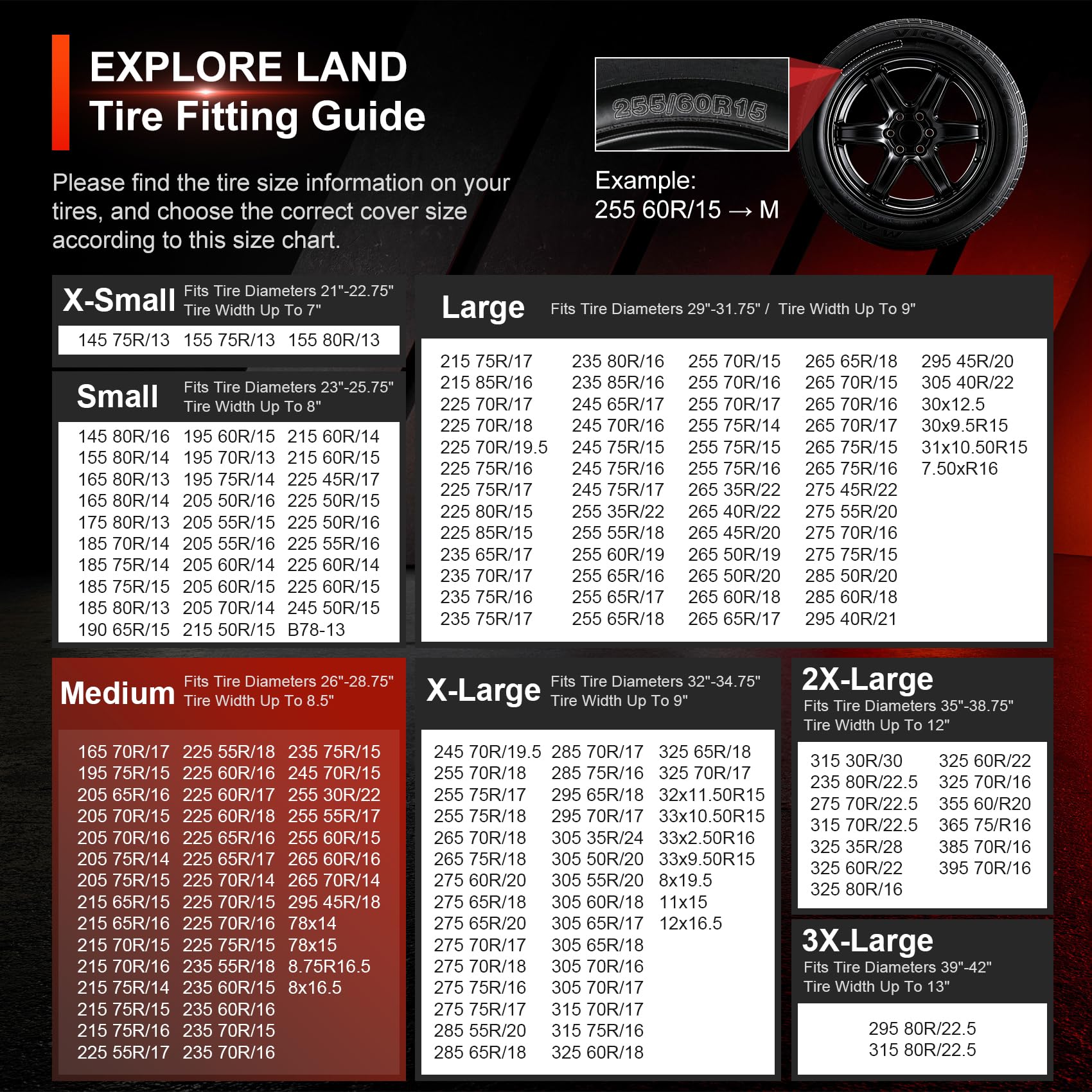 Explore Land Pokrowce na opony 4-pak – wytrzymały ochraniacz na koła do ciężarówki, SUV-a, przyczepy, kampera, kampera – uniwersalny pasuje do średnicy opon 66-23 cm, węgiel drzewny