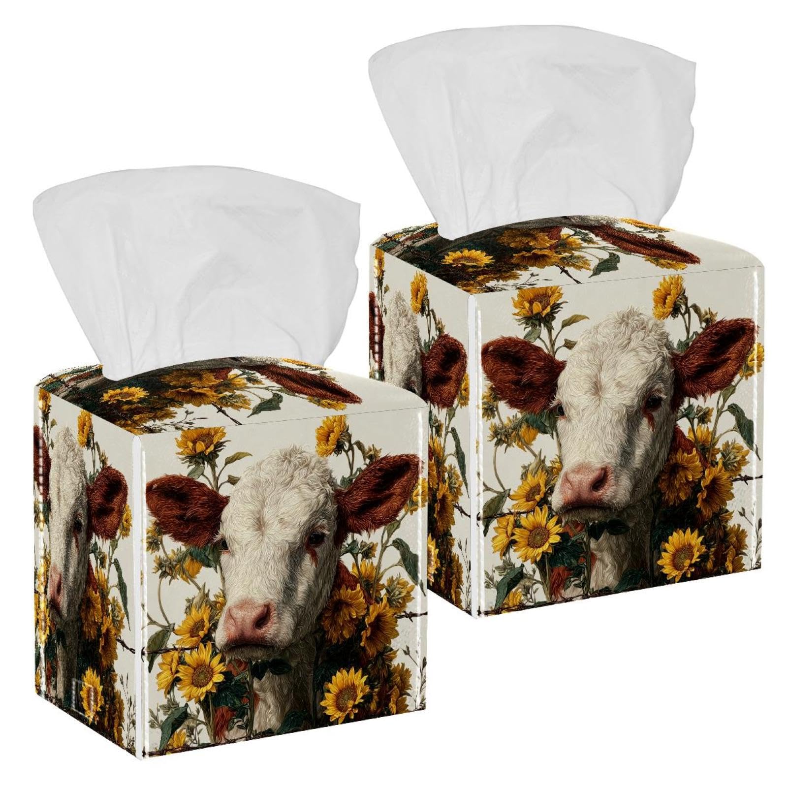 Farmhouse Cow Tissue Box Cover, 2 Pack PU Leather Square Facial Tissue Dispenser Box holder for Home Office Car