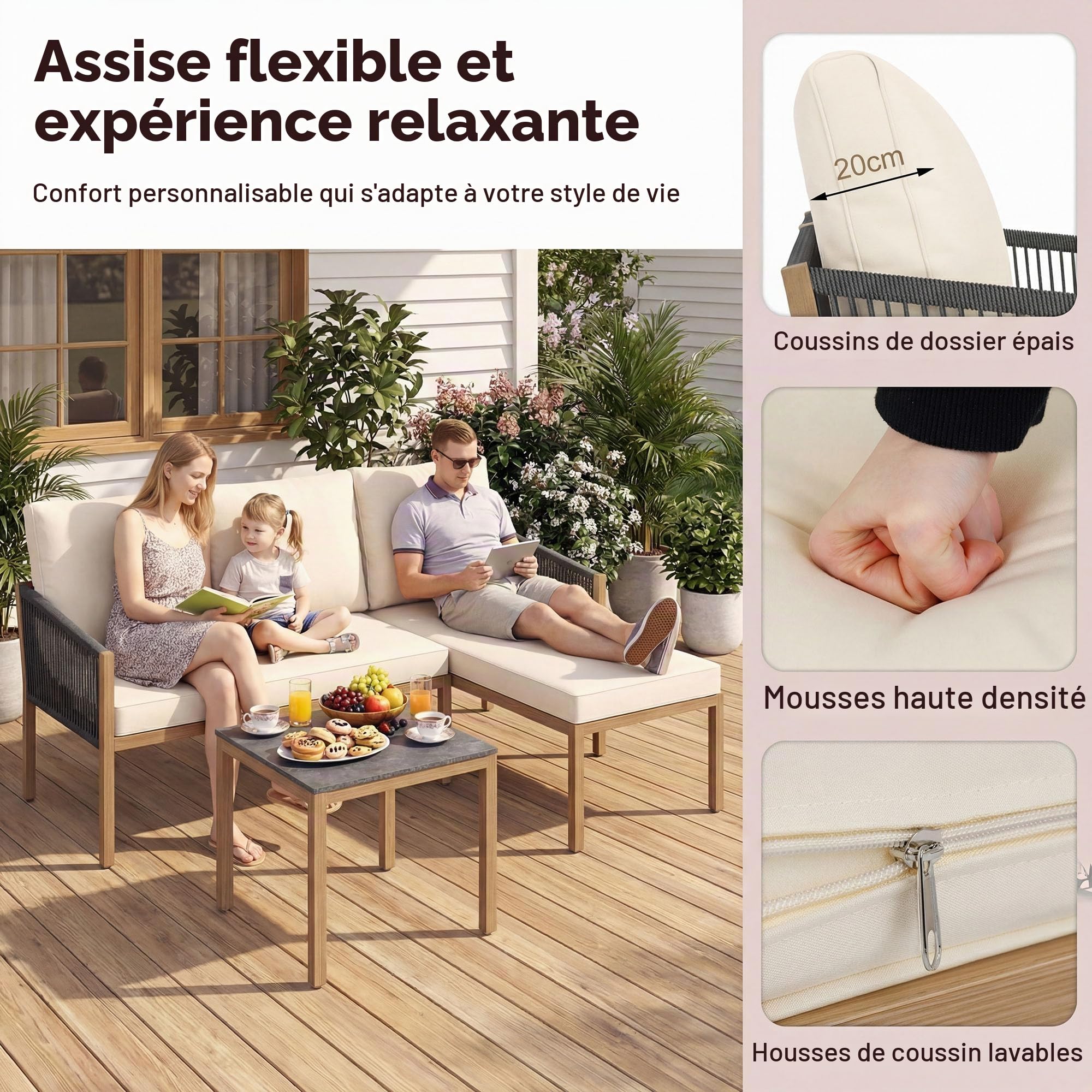 LIFEZEAL Salon de Jardin 3 Pièces Extérieur, Canapé d’Angle en L avec Table Basse Effet Marbre, Coussins et Structure en Métal, Canapé 2 Places et Méridienne pour Terrasse, Jardin, Patio (Beige)