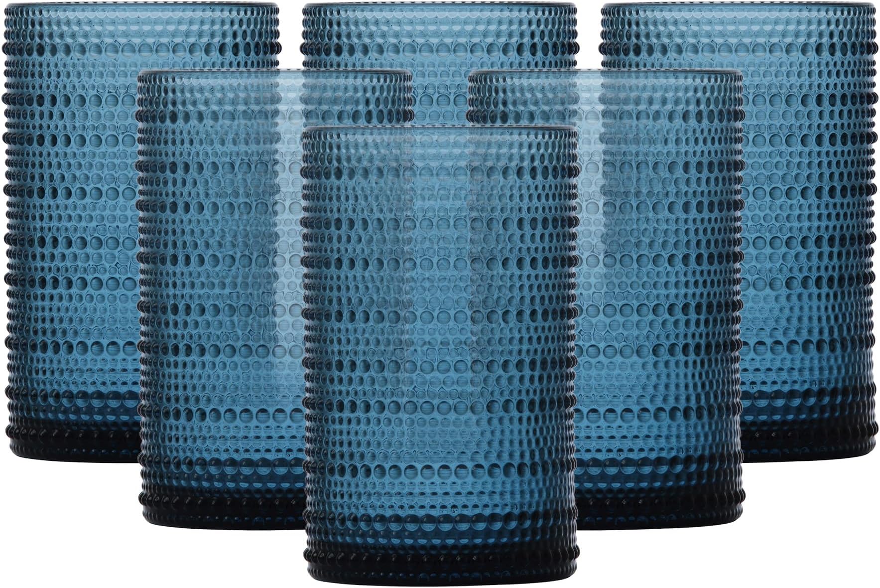 Jupiter Beaded Hobnail Glass Vintage Themed Drinkware Set, 13 Ounce Iced Beverage Glasses (Set of 6), Dishwasher-Safe, Cornflower Blue