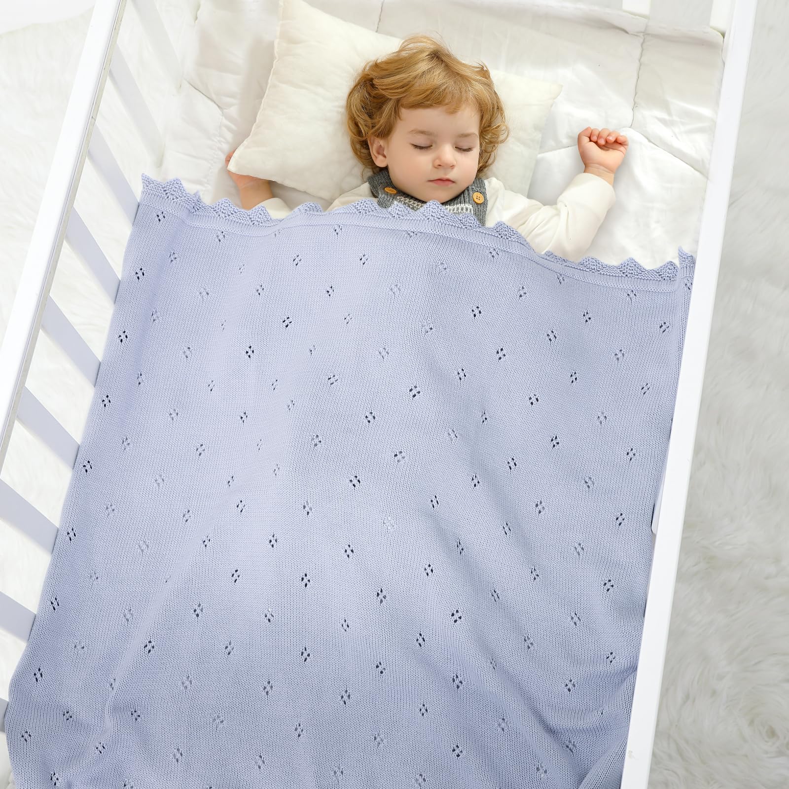 Hadetoto Baby Blanket 100% Cotton Knit Baby Blankets Baby Gifts Baby Essentials for Newborn, 100 x 80 cm (Blue) - Image 4