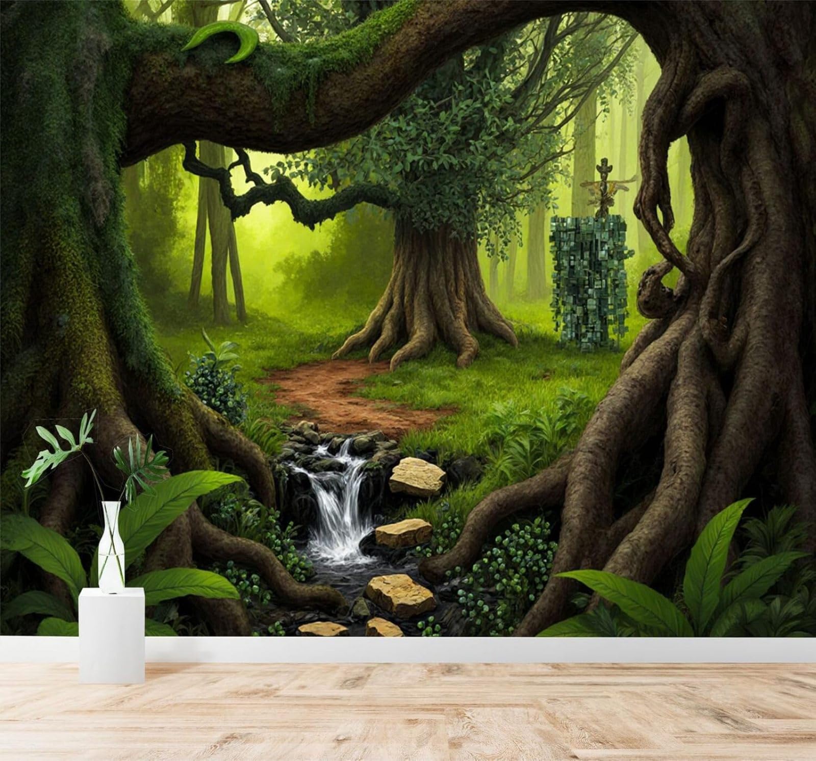 XLMING Green Forest Ancient Trees Waterfall Footpath 3D Wallpaper Premium Textured Silk Study Dining Living Room Bedroom Sofa TV Wall Easy Install-250cm×170cm
