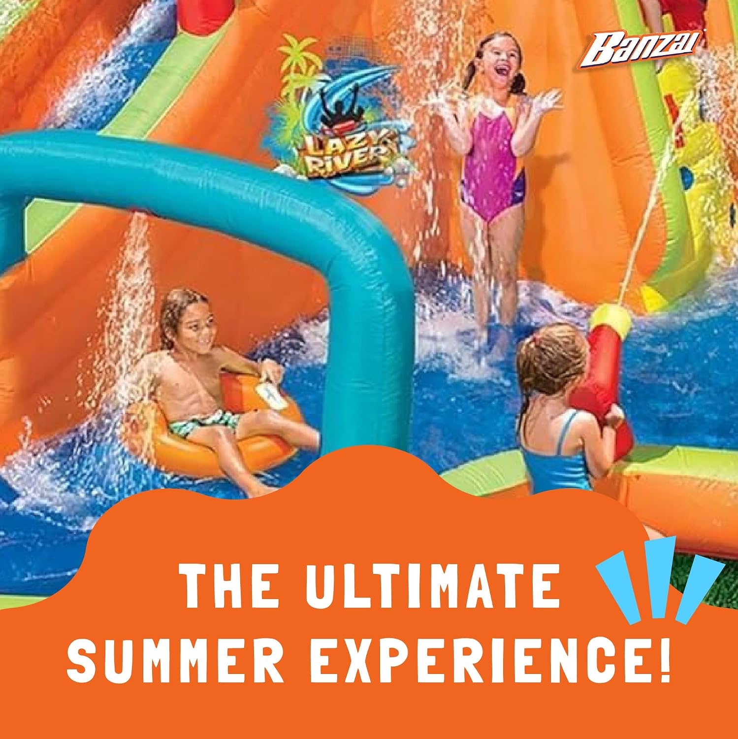 Banzai Lazy River Inflatable Water Park with Waterslide, Water Cannon, and Splash Pool