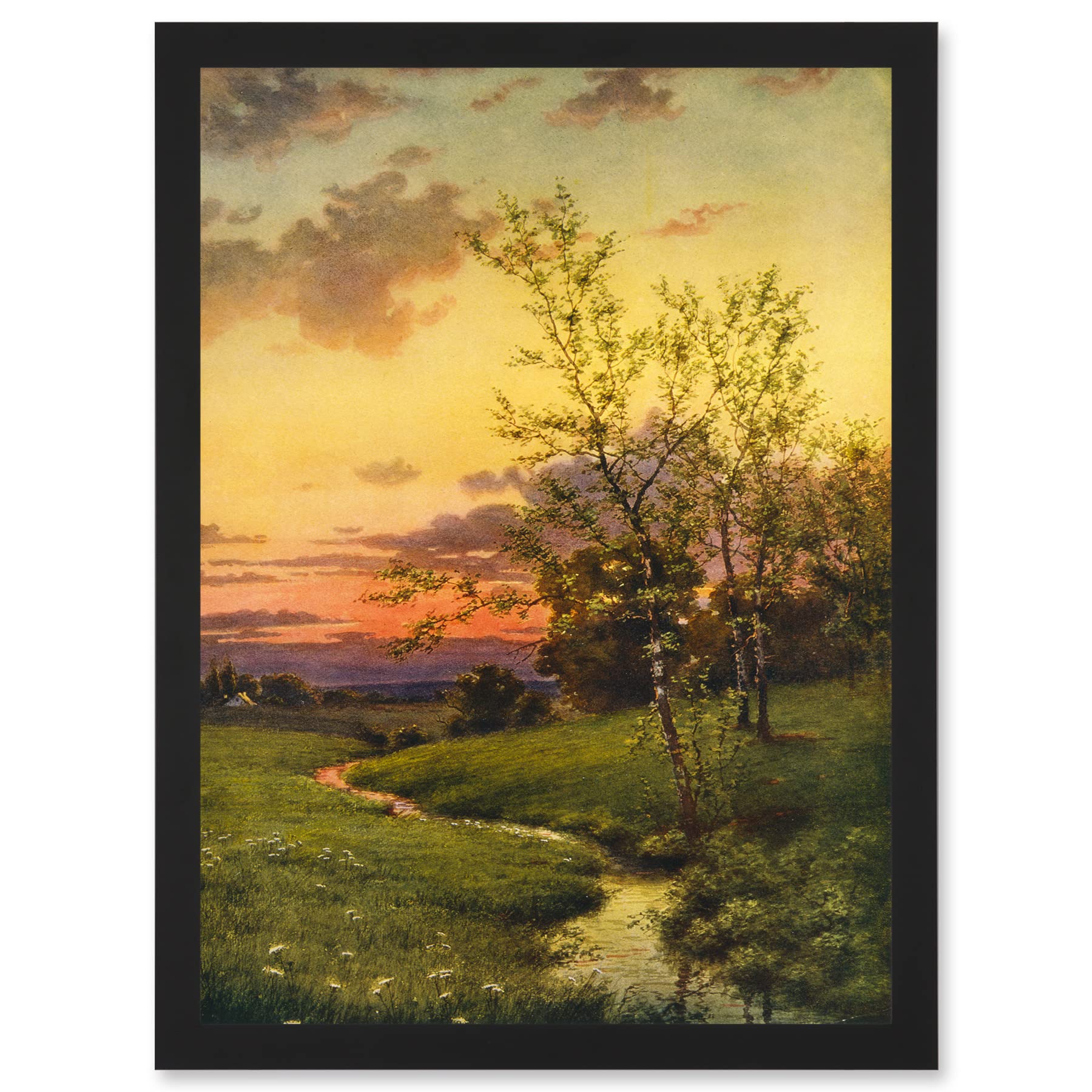 Landscape Sunset Countryside Tree Meadow Brook Stream Framed Wall Art Print A4 - Artery8
