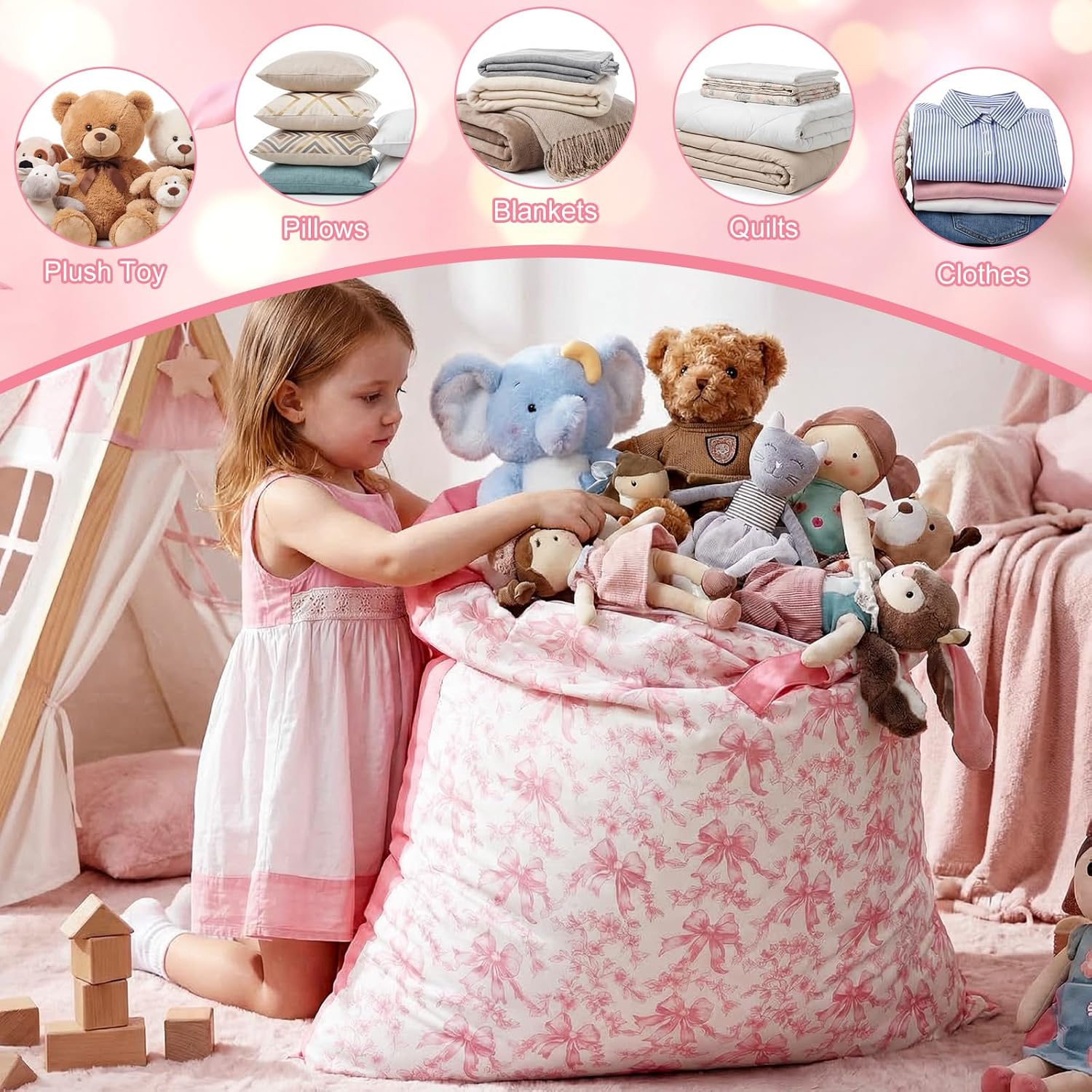 Didaey Pink Bow Cover for Stuffed Animal Bean Bag Storage (No Filler) 100% Cotton Beanbag Chairs for Teens Polyester Stuffable for Kids Plush Toys Clothes Home Supplies