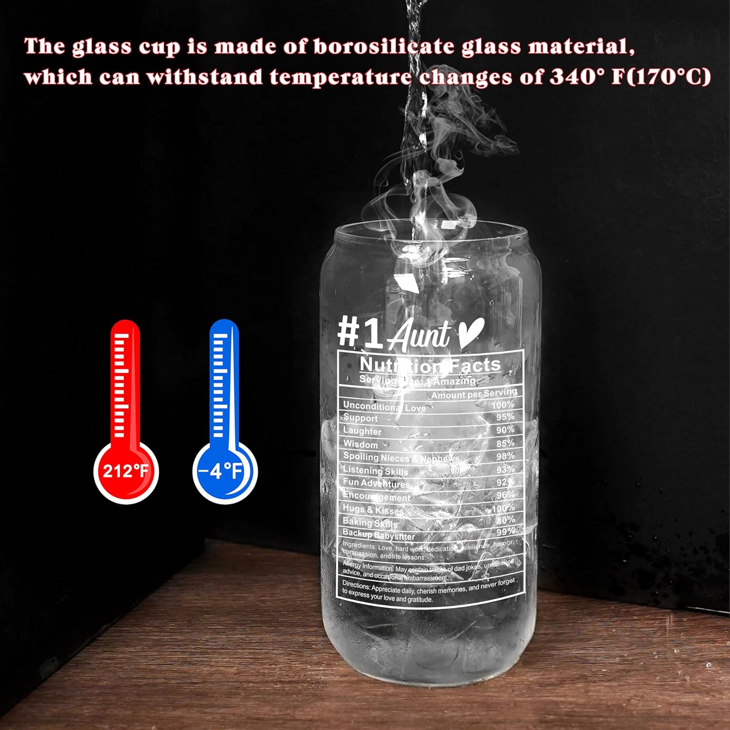 Mason Life Valentines Day Aunt Gifts, 20 OZ Best Aunt Ever Glass, Nutritional Facts Glass Cup, Coffee Glass Cup, Birthday Gifts from Niece,Nephew - Image 4