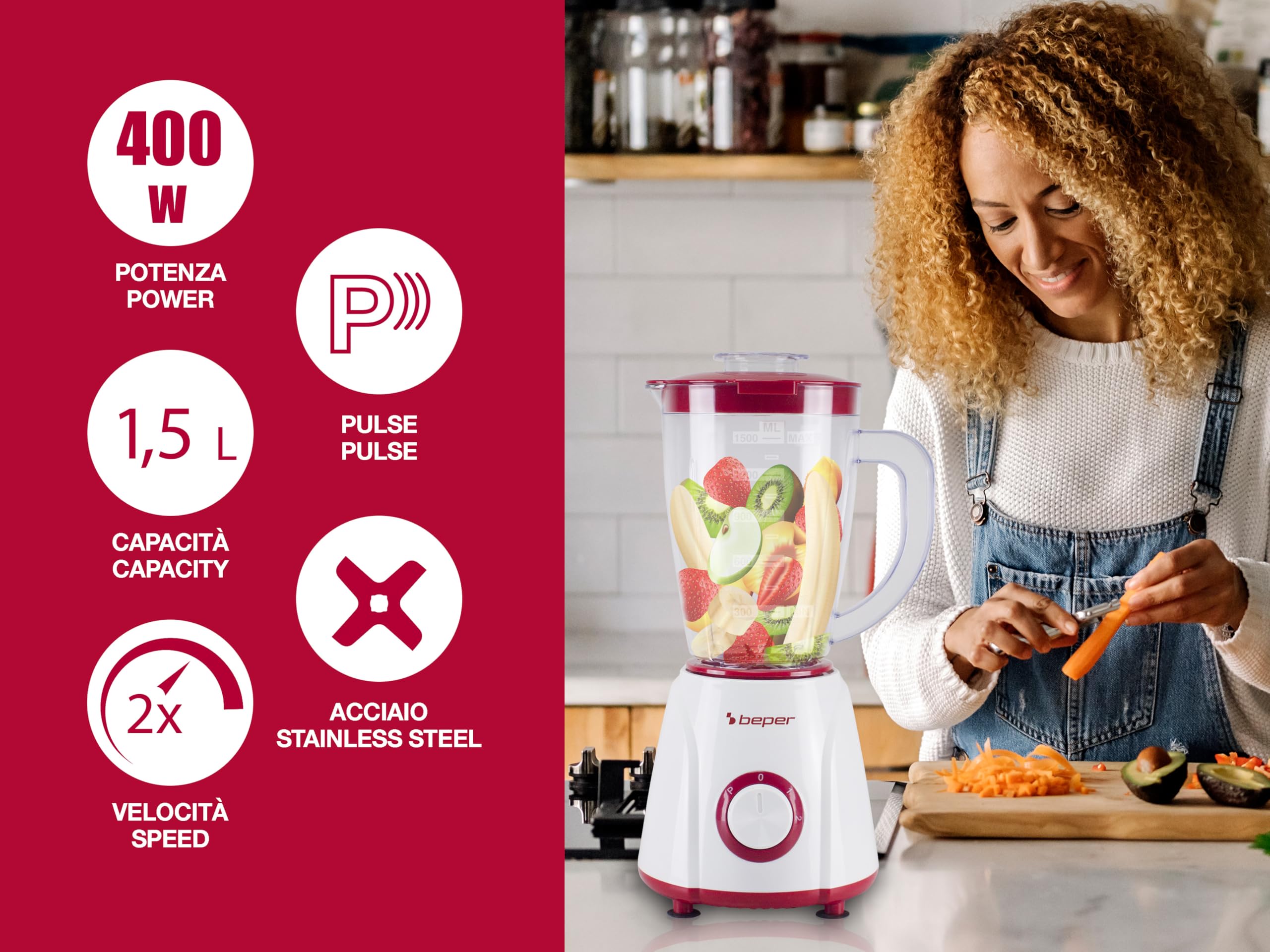 BEPER P102FRU501 Mixeur de table 1,5 L – 400 W, 4 lames en acier inoxydable, 2 vitesses + fonction Pulse, pichet gradué, couvercle avec trou, base antidérapante, idéal pour les crèmes et sauces