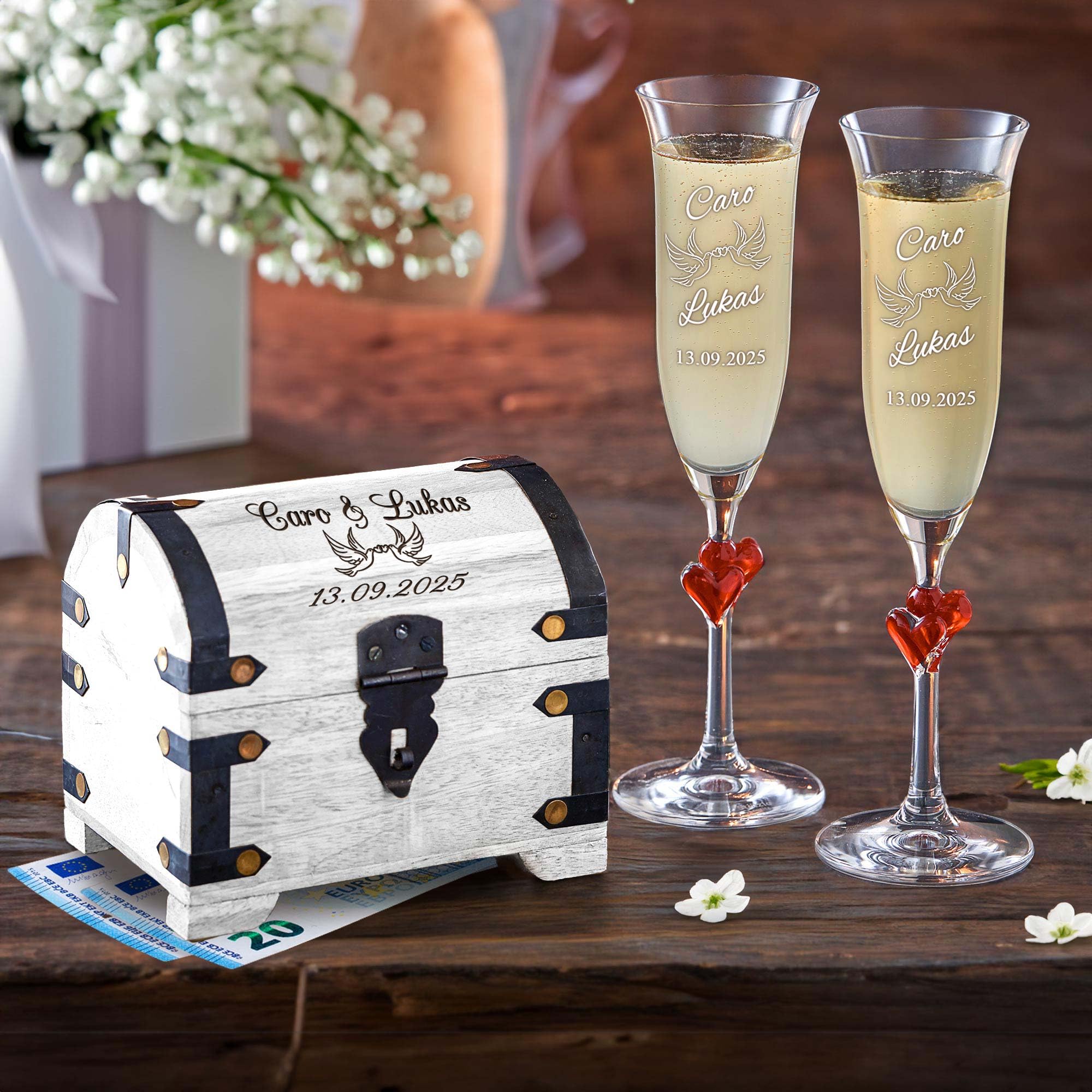 Coffret cadeau de mariage - Flûtes à champagne et coffre au trésor blanc avec gravure - Colombes - Personnalisable avec nom et date - Coffre en bois décoratif - Cadeaux de mariage pour couple de