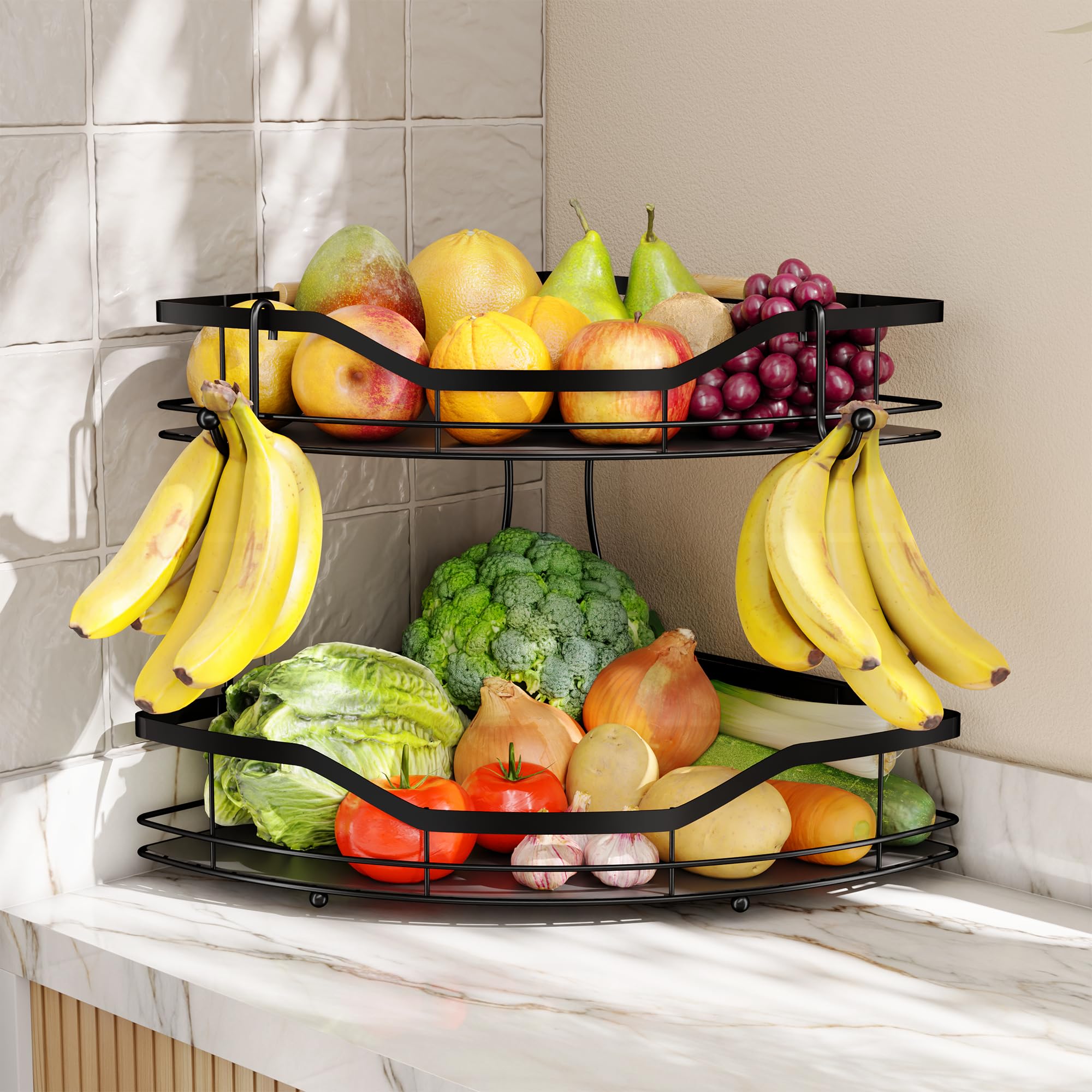 THKVESN Corner Fruit Basket for Kitchen Counter,2 Tier Fruit Bowl with Banana Hanger,Wooden Handle and Protective Pads,Fruit Vegetable Bread Storage Organizer for Kitchen Countertop, Black — image 1