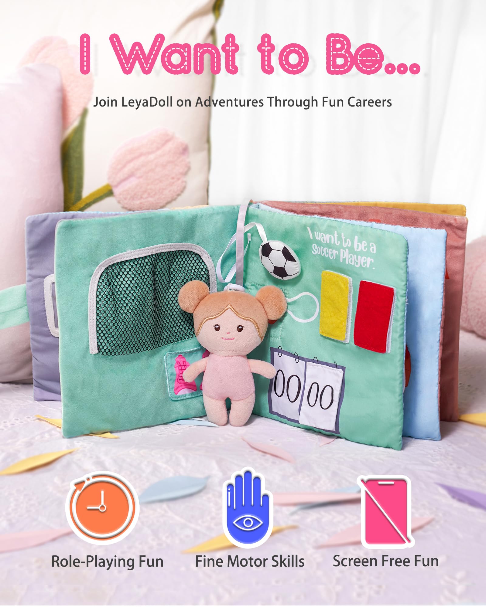 LeyaDoll Interactive Sensory Soft Cloth Book, Educational Crinkle Quiet Activity Busy Book for Babies,Toddler Travel Toy Gift for Boys and Girls (I Want to Be)