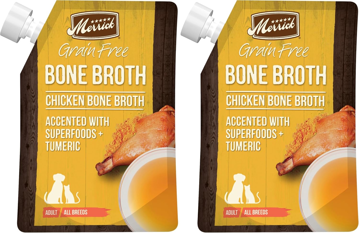 Merrick Grain Free Bone Broth, Premium Human Grade and Gluten Free Dog and Cat Food Topper Pouches, Chicken - 16 oz. Pouch (Pack of 2)
