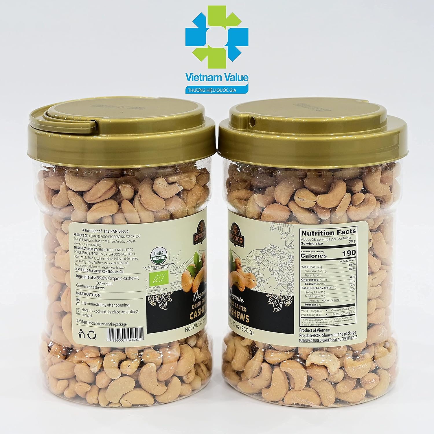 LAFOOCO Organic Dried Salted Cashews, No Oil, 100% Natural, Healthy, Vegan Snacks, Great Gift, Resealable Jar, Halal, BRCGS, 30 oz