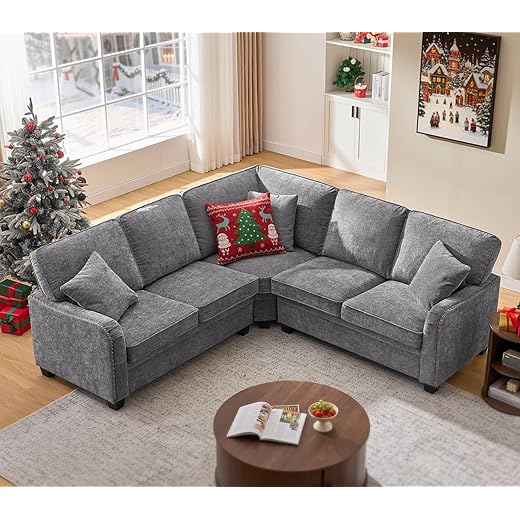 ONBRILL L Shaped Couch, Small Sectional Sofa with Nailhead Trim Arms, Modern Chenille L Shape Sofa with 3 Throw Pillows, Comfy Convertible Corner Couch for Living Room, Apartment, Brown