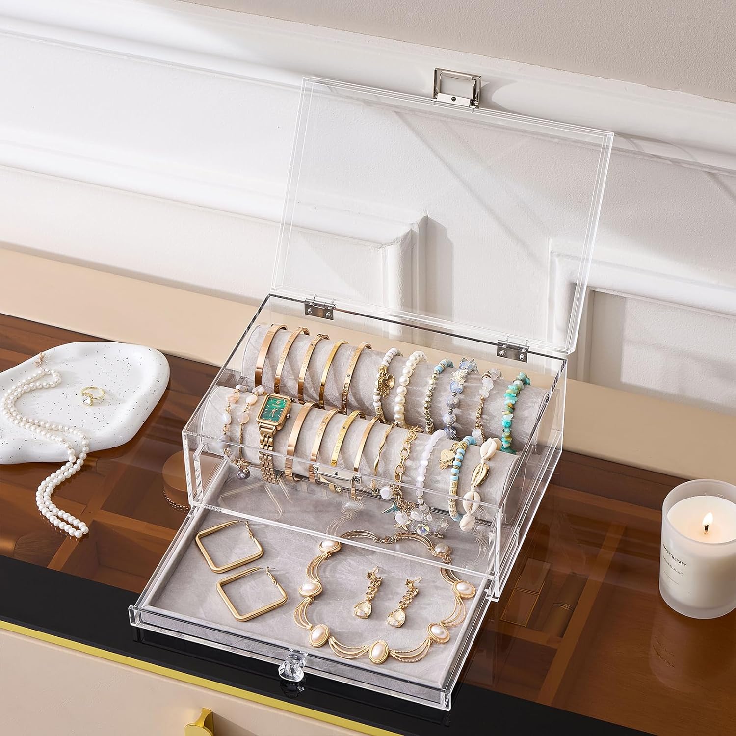 Lolalet Acrylic Bracelet Organizer Box, Clear Jewelry Display Holder for Bangles Watches, Jewellery Accessories Storage Case for Women -with Drawer - Image 4