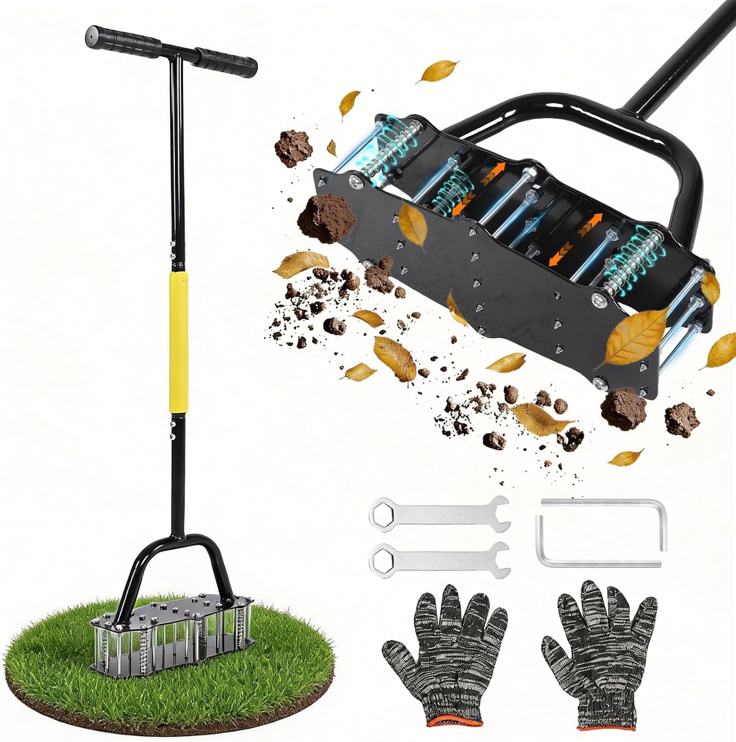 Standing Lawn Aerator with 17 Spikes, 39.37" Carbon Steel Soil Aerator Tool Wide 11.8"x4.72" Base & Includes Gloves for Effortless Soil Loosening and Yard Aeration