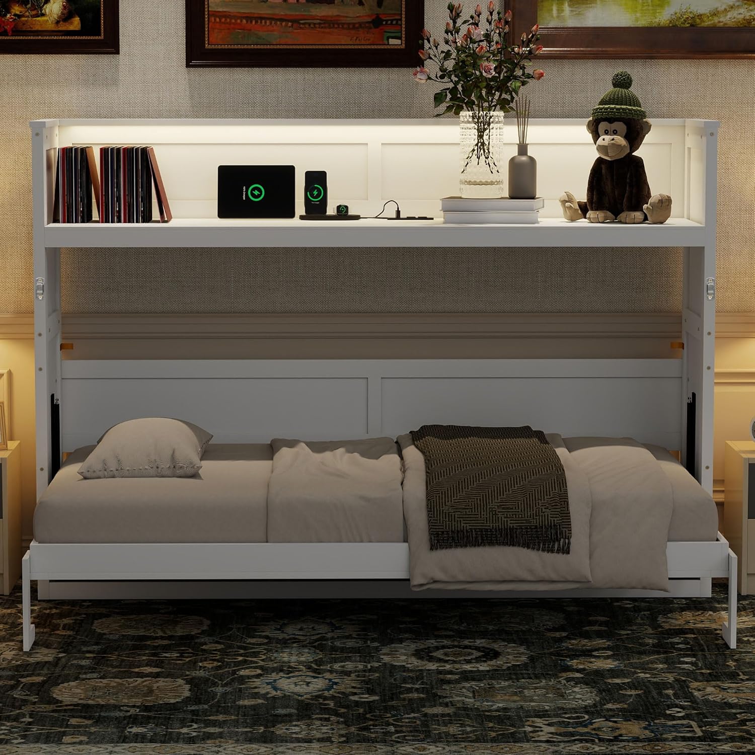 Merax Twin XL Size Murphy Bed, Wooden Murphy Bed with Desk, LED Light and USB Charging Station, White