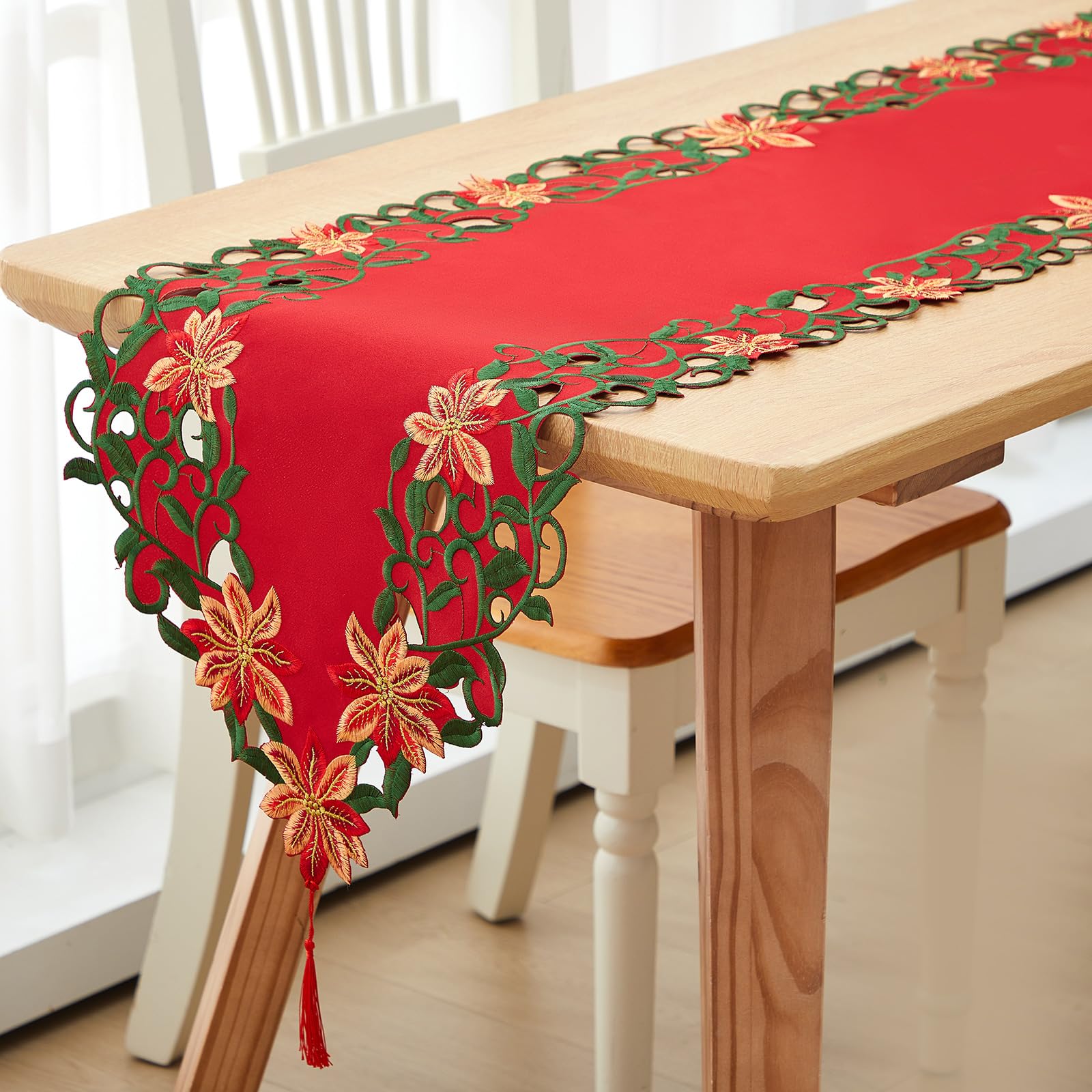 Tatuo Christmas Embroidered Table Runner Red Poinsettia,15 x 108 Inch — image 1