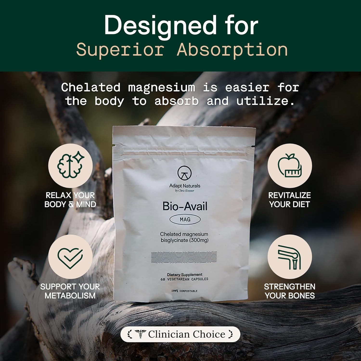 Adapt Naturals Magnesium Glycinate Supplement, Bioavailable High Absorption Pure Magnesium Chelate Complex, Supports Gut Health, Sleep, Relaxation, Bone and Muscles - 30 Days Supply