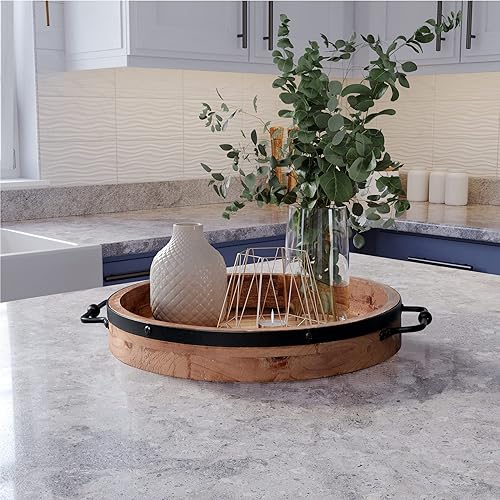 Miniatura 4 de Bandeja redonda para mesa auxiliar, bandeja de madera de granja de 13 pulgadas con asas de metal, bandejas decorativas redondas para mesa auxiliar