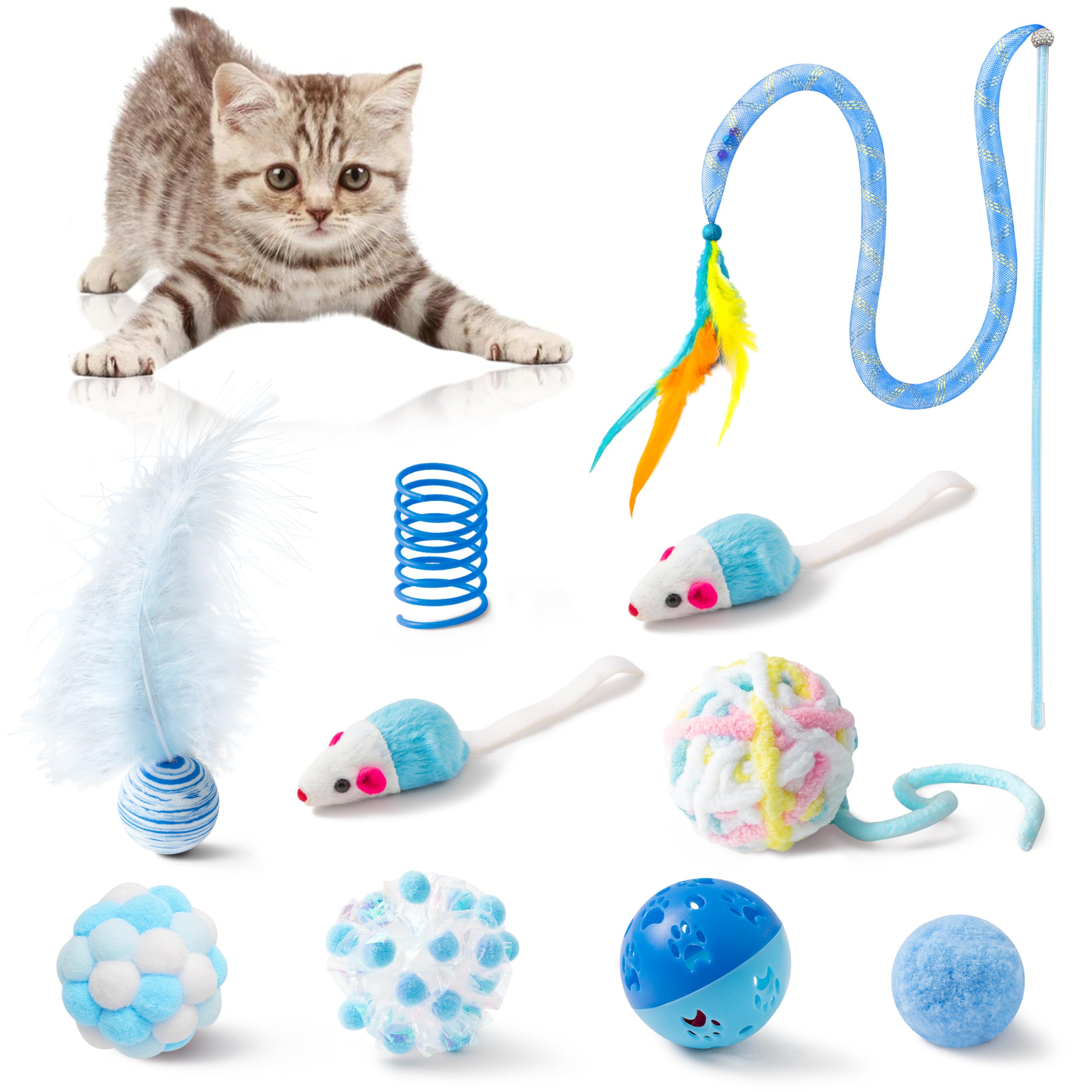 MALLMALL6 Juego de 10 juguetes para gatos que incluye resortes para gatos, varita de plumas, ratones, bolas arrugadas y bolas de campana para mascotas, rompecabezas interactivo para mascotas, paquete