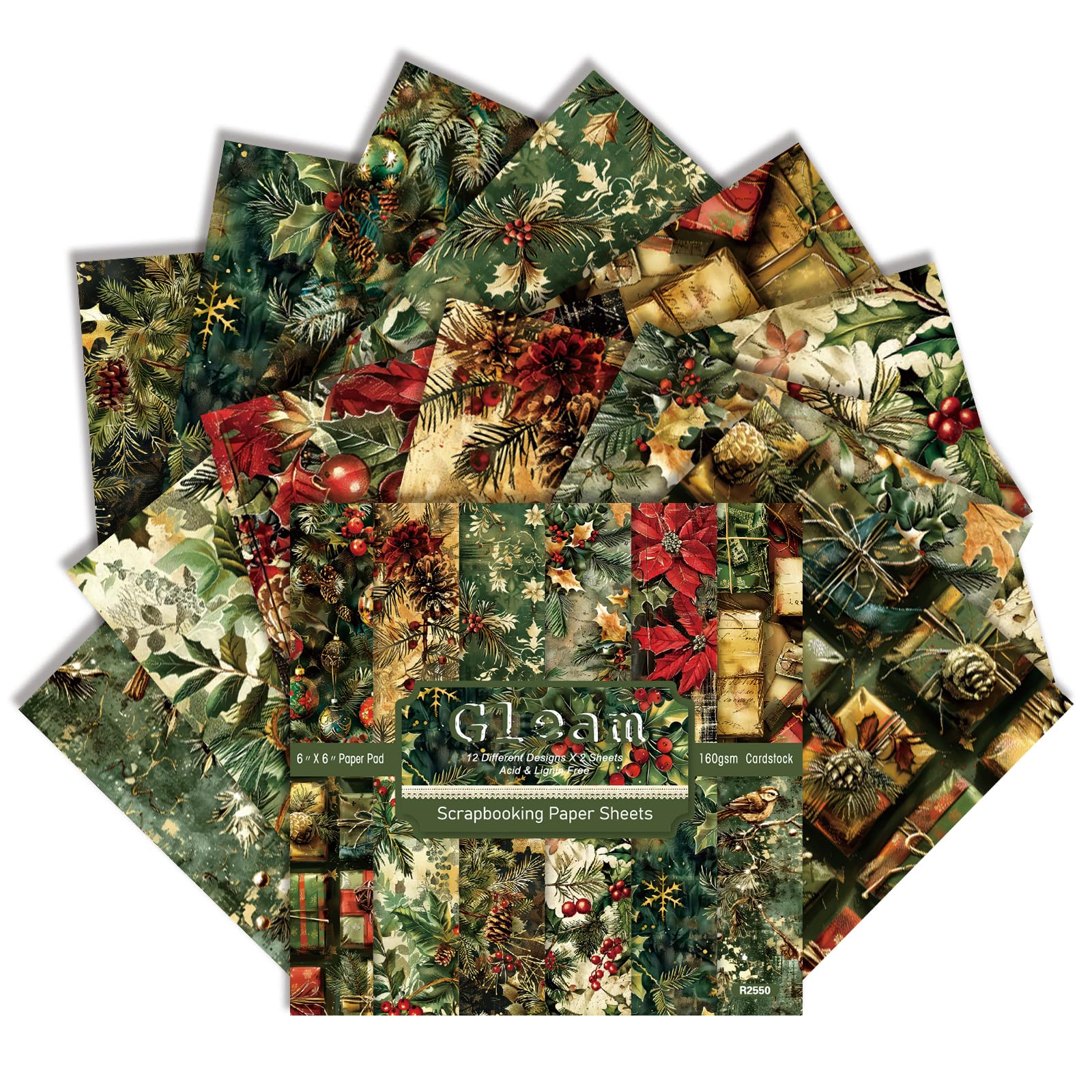 Christmas Scrapbook Paper 6x6 Inches 24 Sheets with 12 Festive Vintage Patterns Single Sided Cardstock for Holiday Cards, Journaling, and Crafting Supplies (E, 6×6)