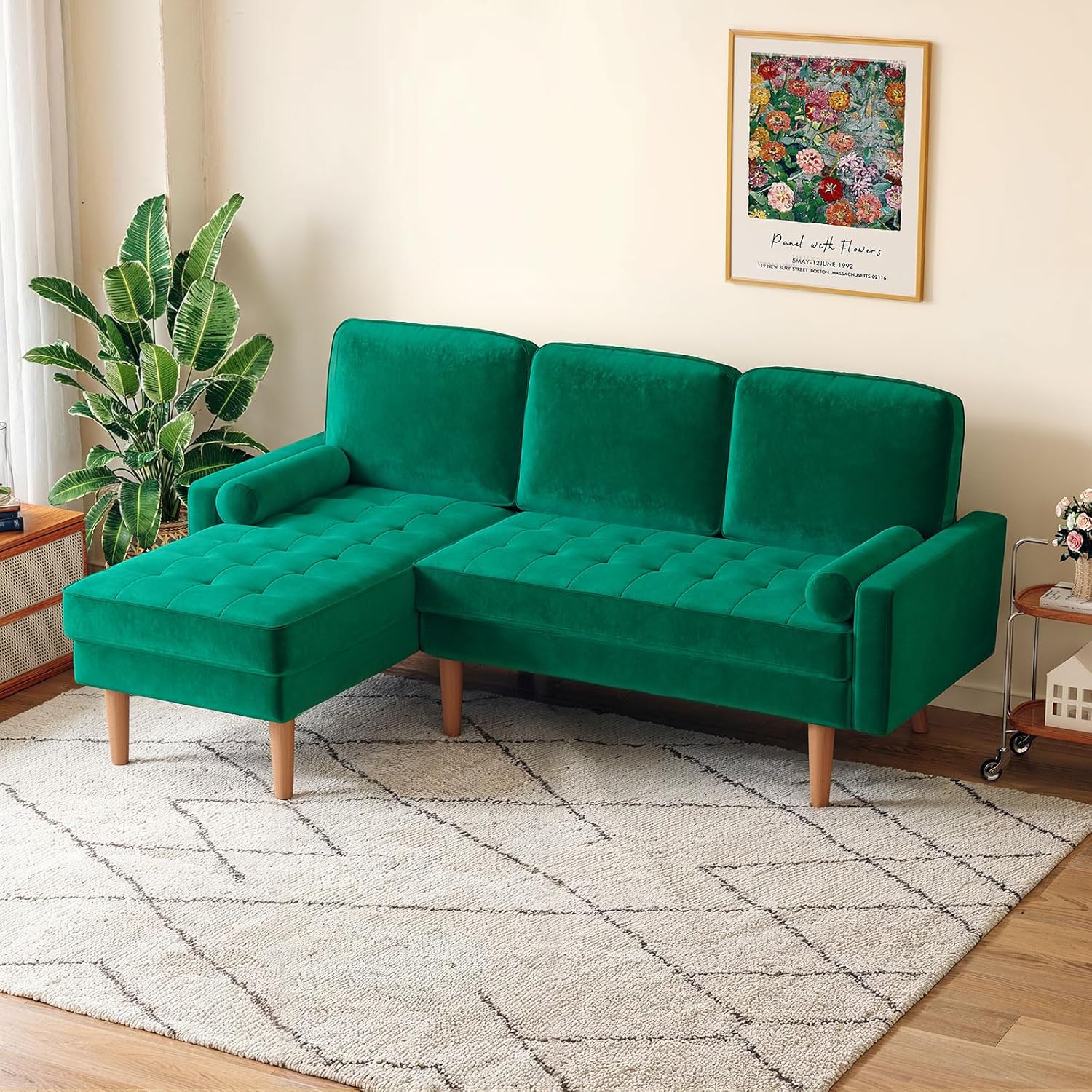 ONBRILL L Shaped Couch, Small Sectional with Chaise, Mid-Century Style L Shape Sofa with Bolster Pillows, Velvet Tufted Sponge Cushion, Vintage Couch for Living Room, Apartment, Small Space, Green