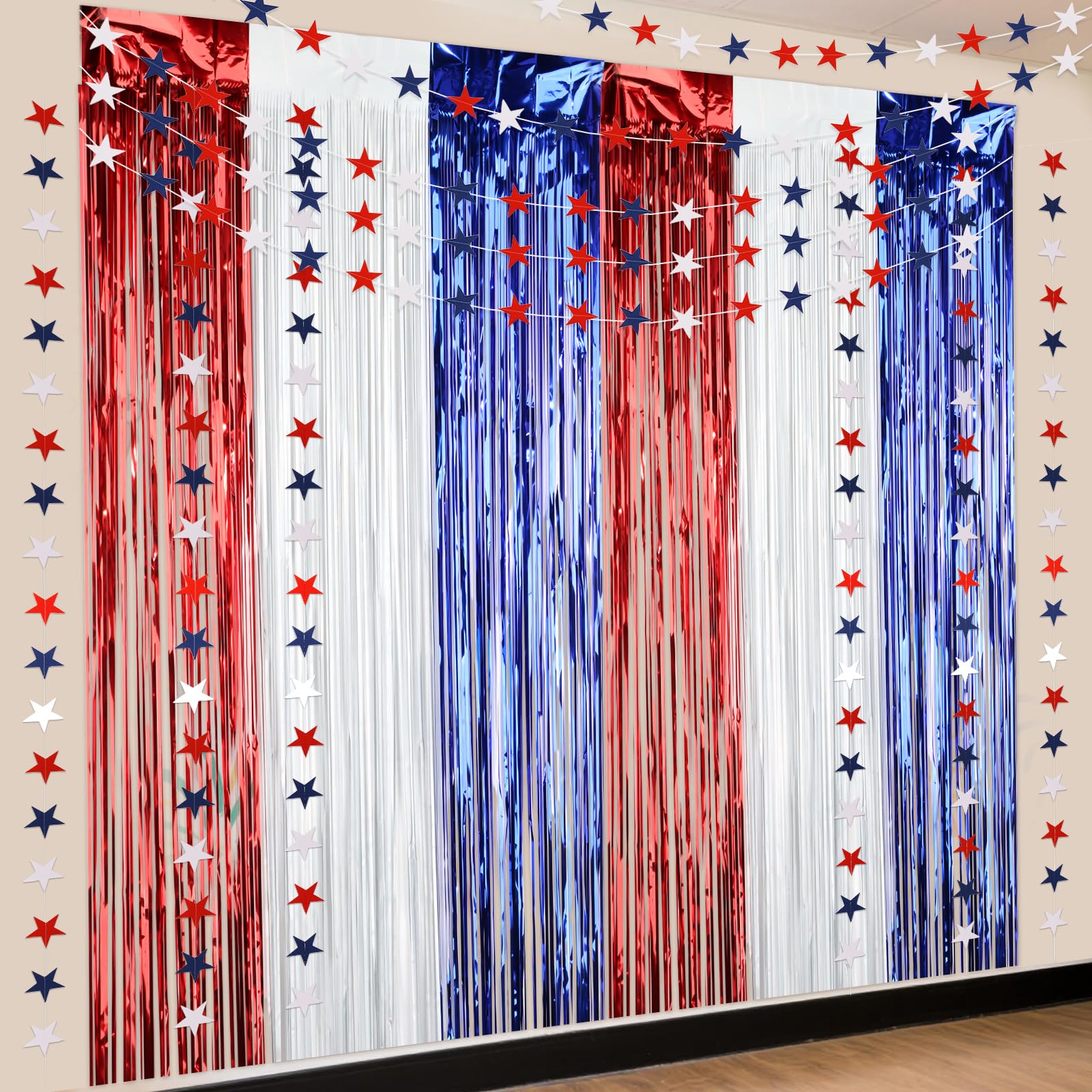 CIEHER 10PCS 4th of July Decorations Set - 8 Pack Star Streamers Banner Garland & 2 Pack Tinsel Foil Fringe Curtains - July 4th Decor