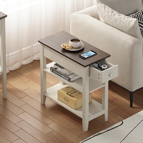 Miniatura 5 de ChooChoo Juego de 2 mesas auxiliares para sala de estar, mesa auxiliar estrecha con cajón y estante, mesa auxiliar de sofá de 3 niveles para