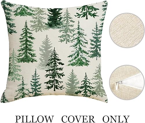 Miniatura 3 de Juego de 2 fundas de almohada decorativas de lino natural y natural de invierno de 18 x 18 pulgadas, diseño de árbol de Navidad, diseño de bosque y
