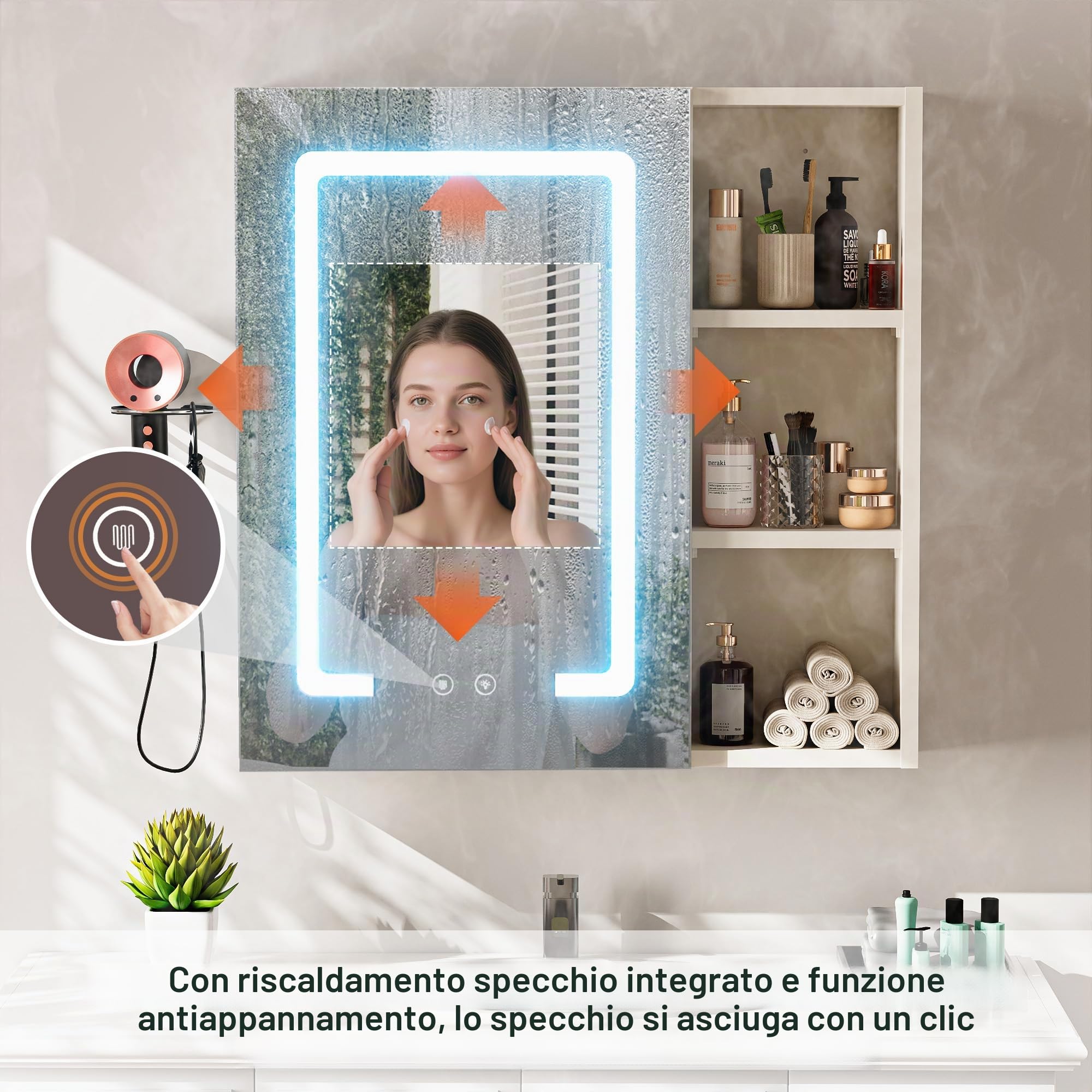 Specchio Bagno Contenitore con 3 Colori Luce, Armadio Specchio Bagno con Deumidificazione con 1 Tocco e Funzione di Memoria & con Mensola Regolabile(60x60x15 cm,Bianco)