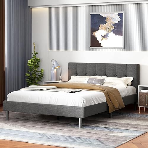 Queen Size Fabric Upholstered Platform Bed Frame with Button Tufted Headboard, Mattress Foundation with Metal Wood Slat Support, No Box Spring Needed, Noise Free Design, Easy Assembly, Dark Gray
