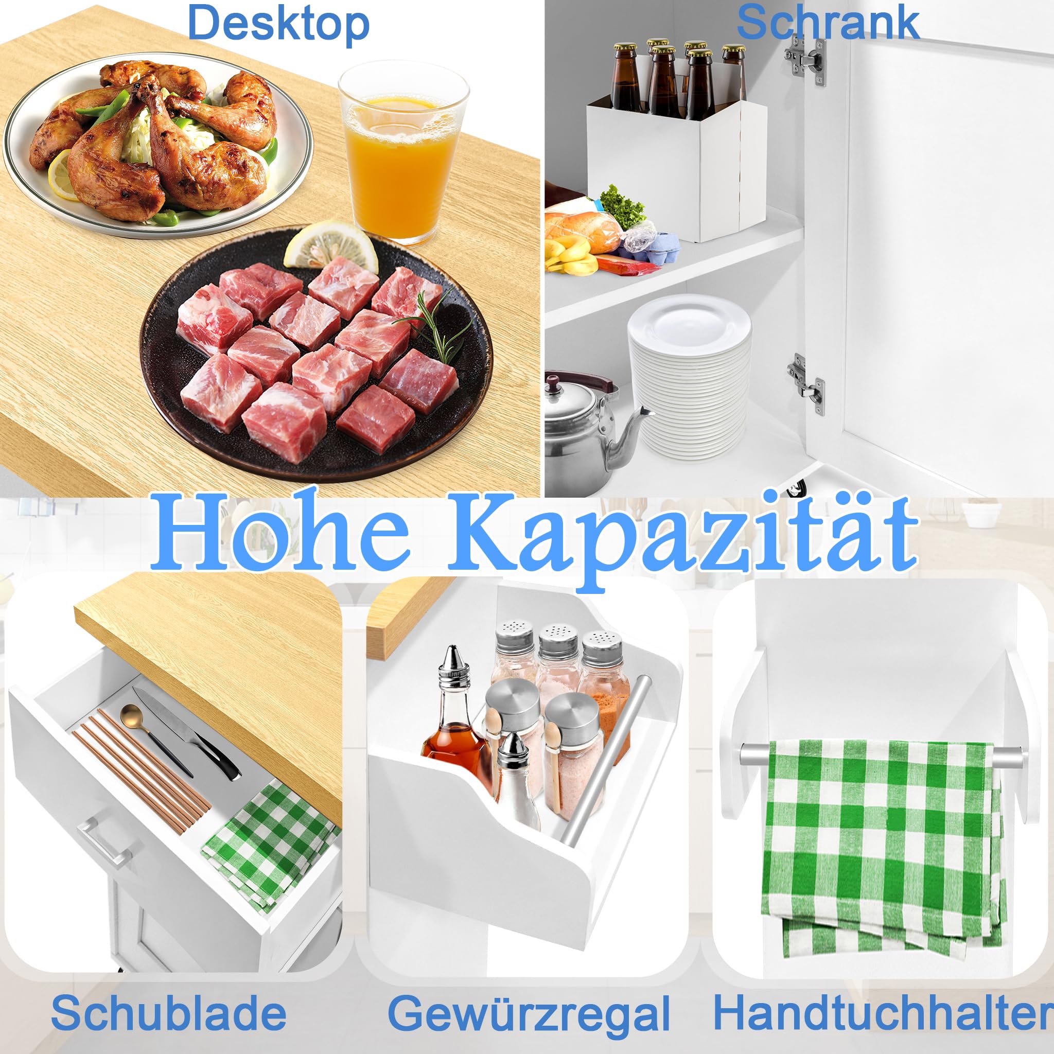 FIVMEN Carrello da Cucina con Ruote e Piano di Lavoro, Carrello Servizio in Legno con Portasciugamani e Portaspezie, Mobile Credenza Cucina Bianco, 115x90x36 cm