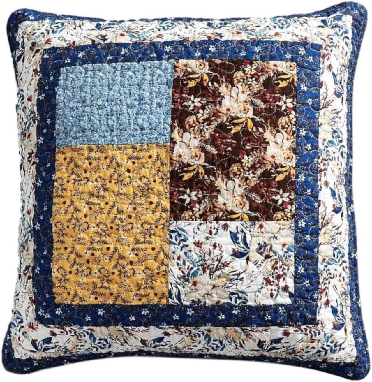 Tache Blue Prairie Sunset Floral Farmhouse Cotton Patchwork 18x18 Accent 2 Pieces Cushion Throw Pillow Covers