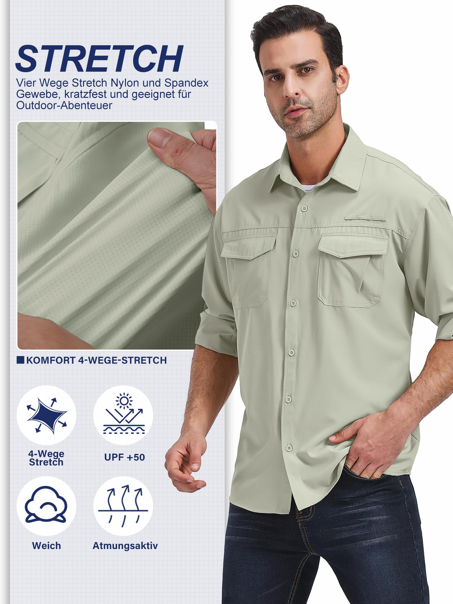 Camisa de hombre de manga larga Safari con protección UV UPF 50+, transpirable, de secado rápido, para senderismo, pesca, trekkin