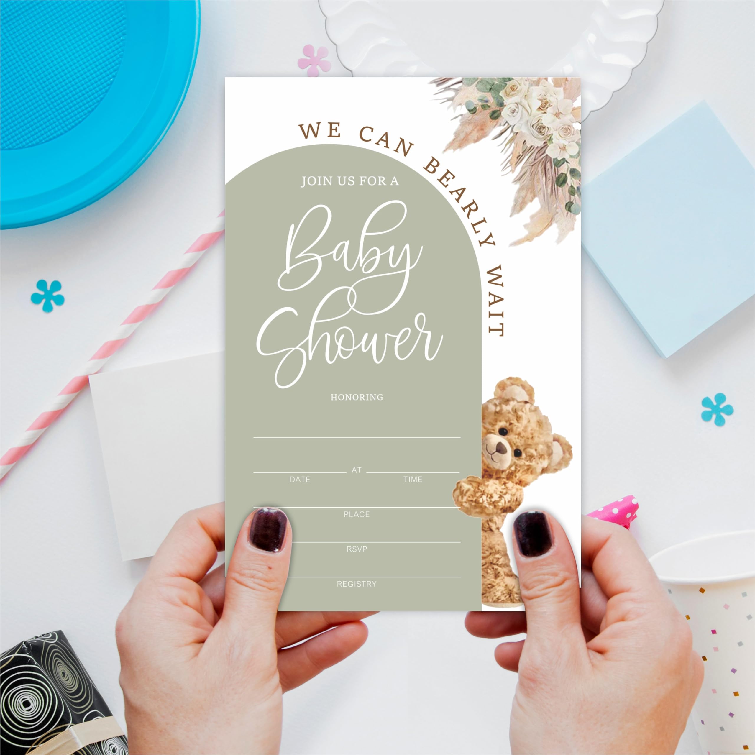 25 tarjetas de invitación para baby shower con diseño de arco verde y oso con sobres, invitaciones para baby shower, revelación de género, anuncio de bebé, recuerdo de fiesta y accesorios