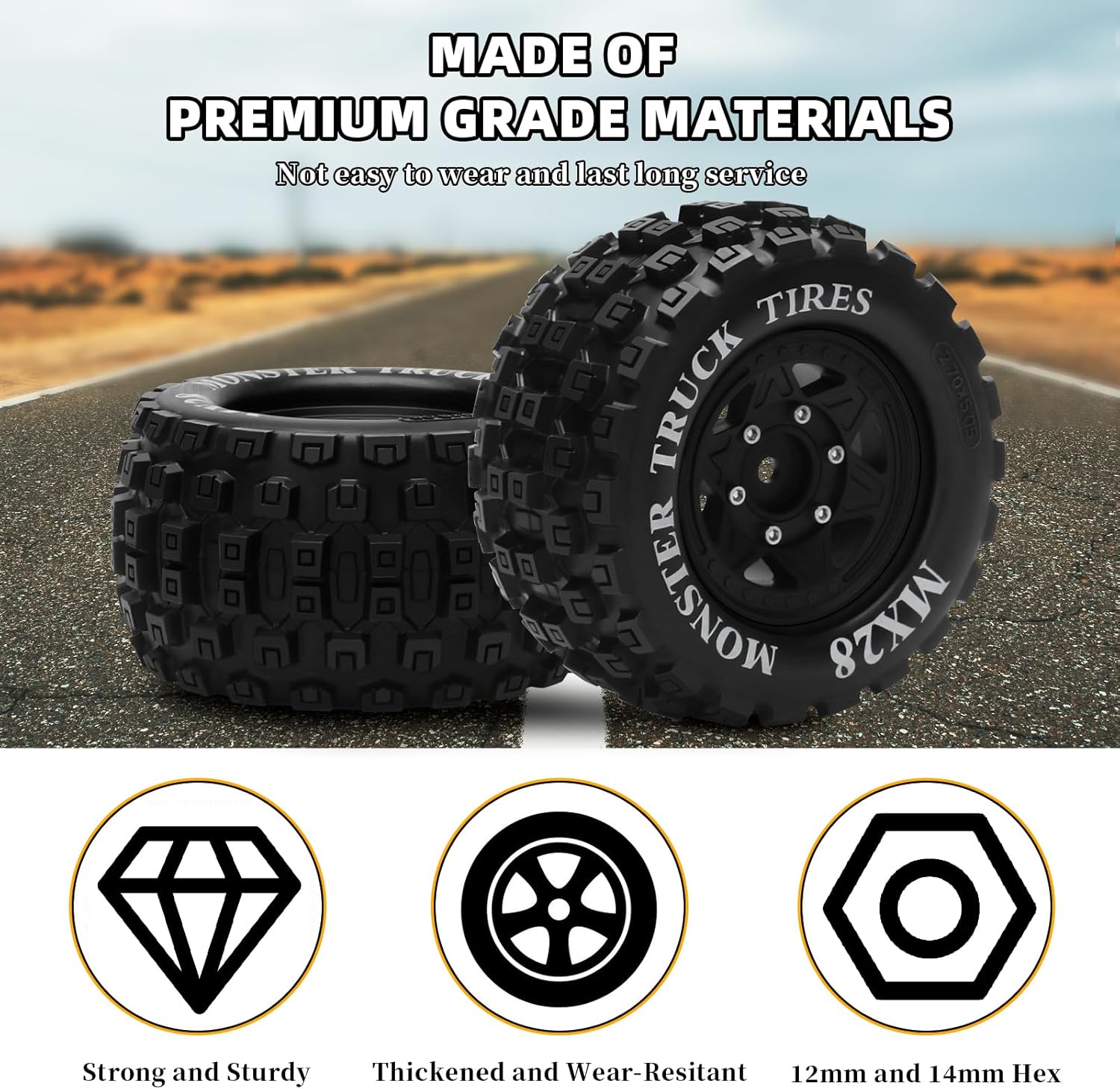 MX28 F/R 2.8" RC Car Tires with 12mm/14mm Hex Adapter RC Wheels and Tires Set 1/10 Scale RC Truck Tires for Arrma Big Rock Granite Traxxas Rustler Stampede VORTEKS 3S 4PCS (Style B) - Black