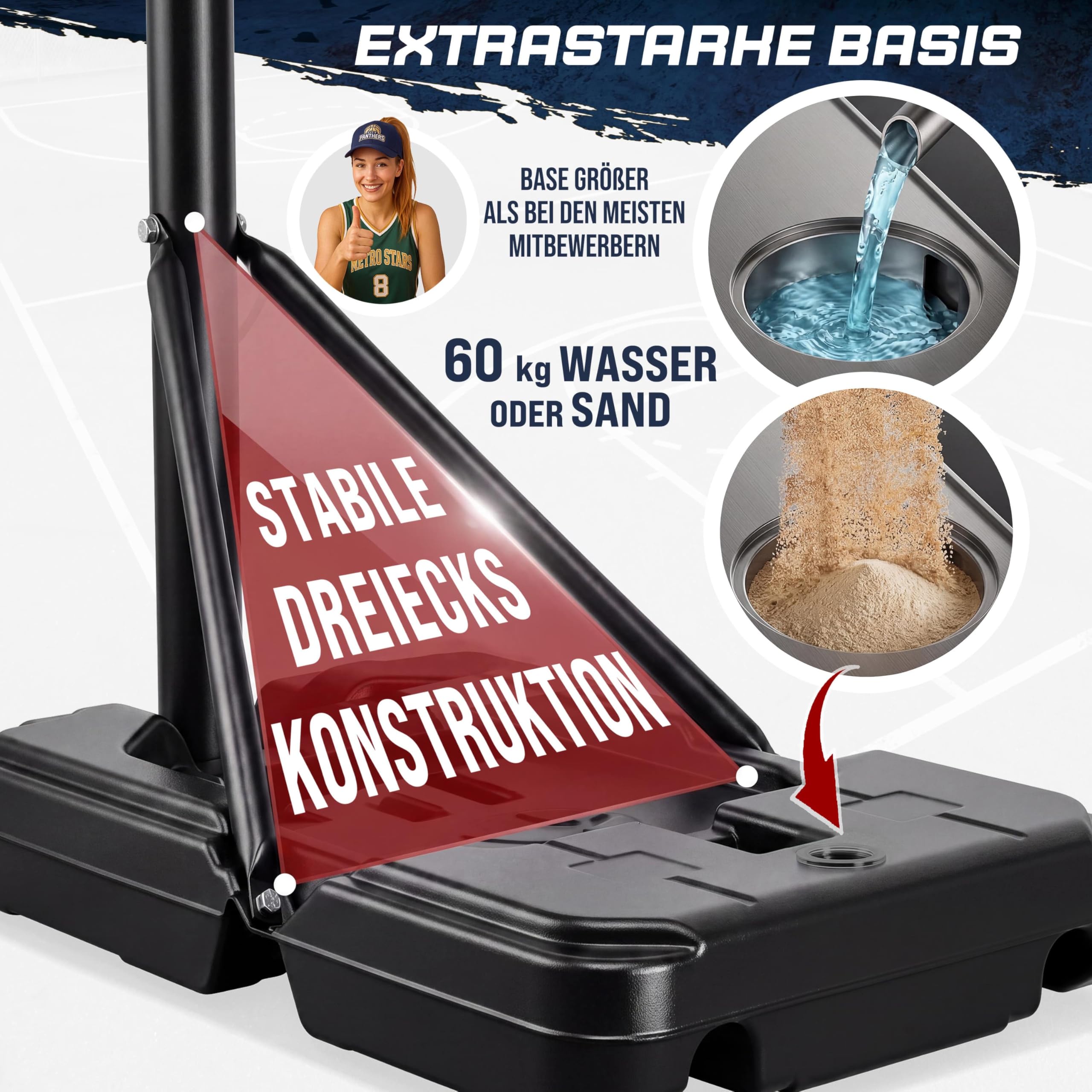 Canestro Basket da Esterno Regolabile 135–305cm Base Riempibile 60 kg Canestro per Pallacanestro con Ruote Struttura Stabile Resistente alle Intemperie Anello Ø45 cm per Bambini e Adulti