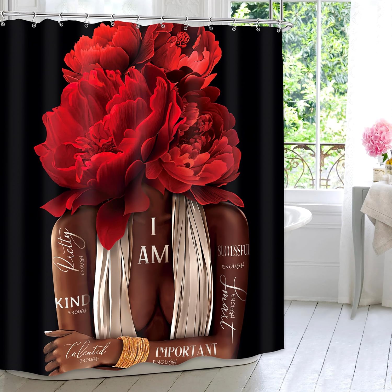 MESHELLY Red Black Girl Shower Curtain 72Wx72H Burgundy Rose Floral African American Bathroom Curtain Black Women Peony Flower Positive Quote Bath Curtain Fabric Afro Lady Bathroom Decor with 12 Hook