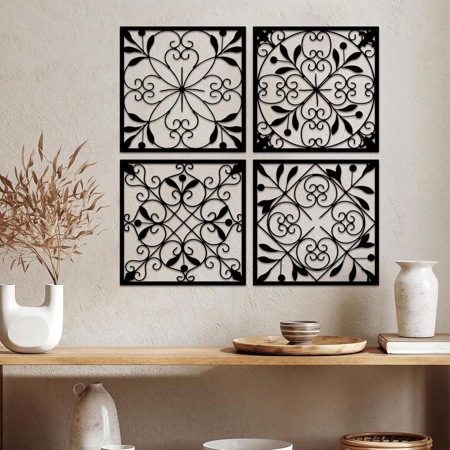 Resama 4 Pieces Rustic Wall Decor Farmhouse Wall Decor for Living Room Metal Hollow Carved Design Metal Decorative for Home Bedroom Kitchen Office (Black,Square)