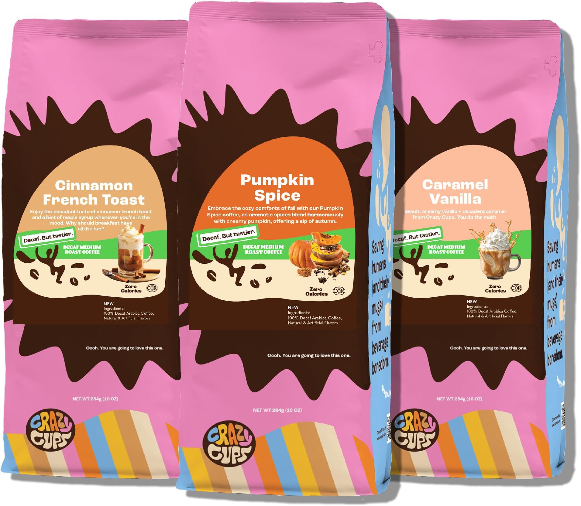 Crazy Cups Decaf Flavored Ground Coffee Variety Pack, Includes Cinnamon French Toast, Caramel Vanilla and Pumpkin Spice, in 10 oz Bags, For Brewing Flavored Hot or Iced Decaf Coffee, Variety 3 Pack
