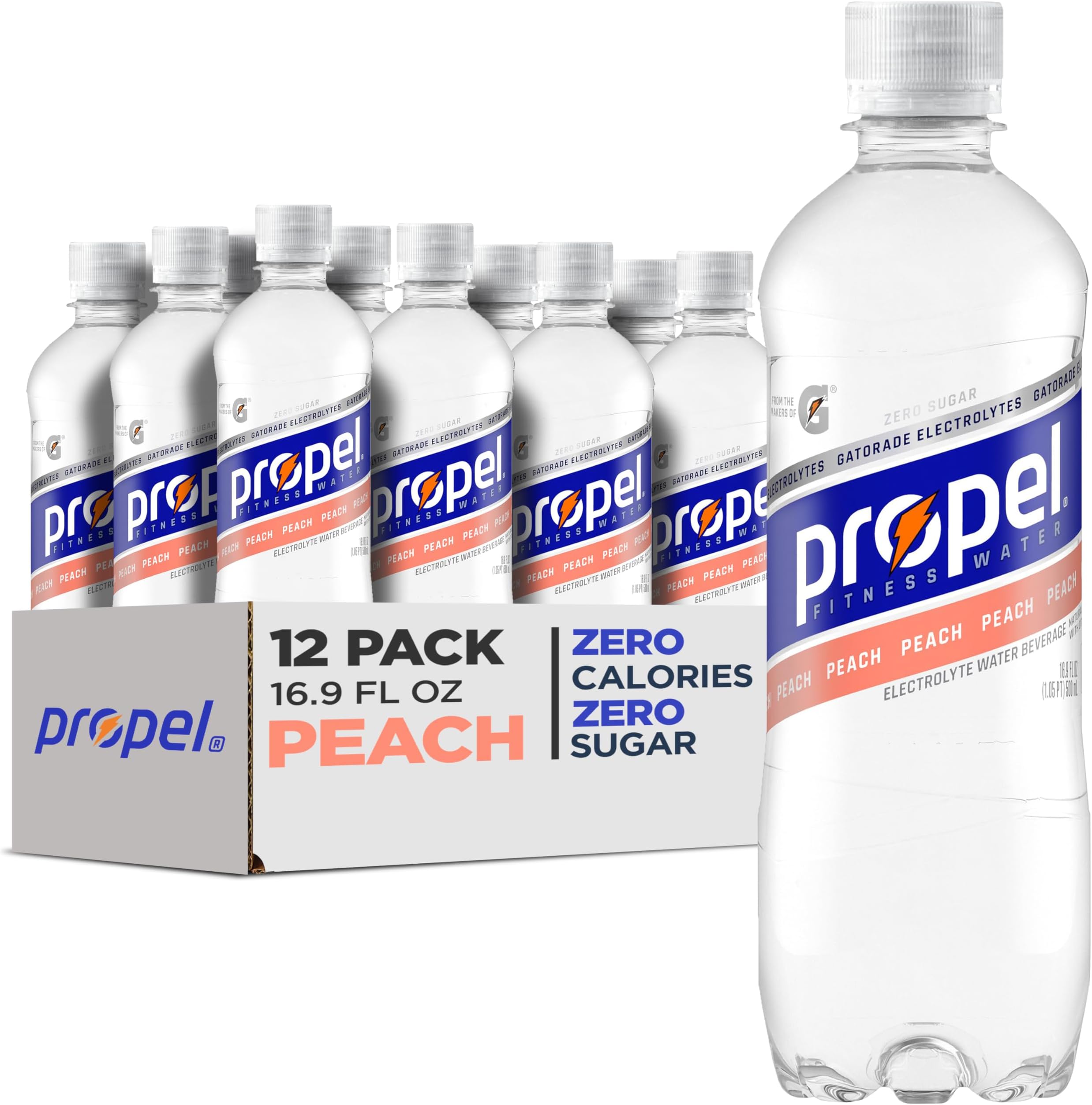 Propel, Peach, Zero Calorie Sports Drinking Water with Electrolytes and Vitamins C&E, 16.9 Fl Oz (Pack of 12)