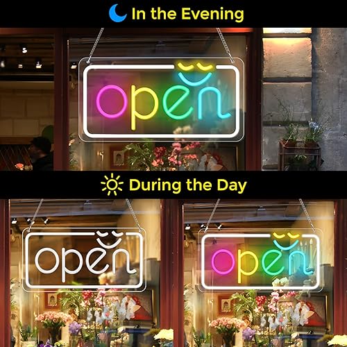 Miniatura 2 de Letreros LED de apertura para negocios, letrero abierto de neón, 15.7 x 7.9 pulgadas, luz eléctrica brillante, colorido, con adaptador UL para