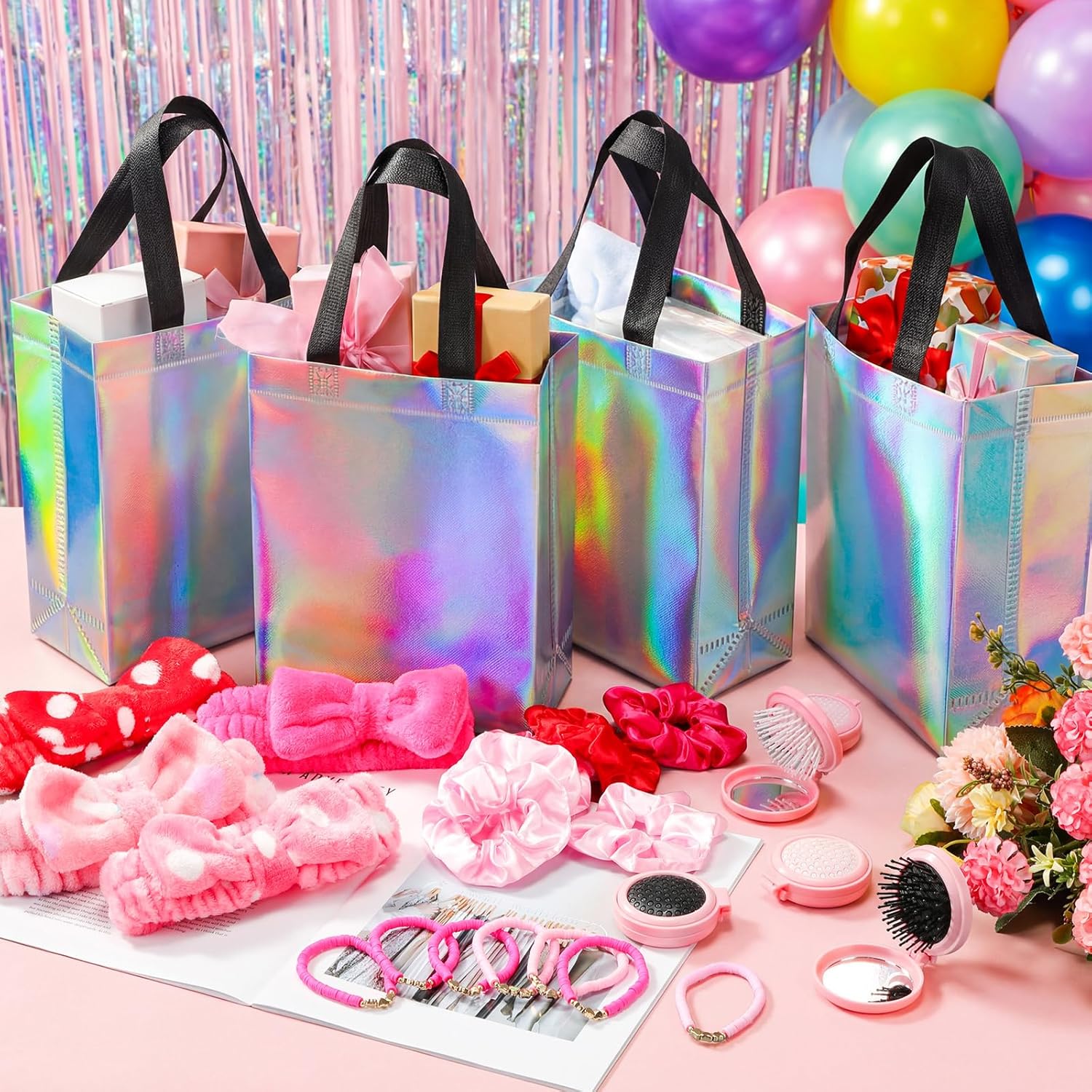 60 Pcs Woman Party Favors 2026 Weekend Gift Bags Friendship Bracelets Spa Headband Hair Scrunchie Comb with Makeup Mirror for Sleepover Slumber Trip Preppy Party Favors(Pink)