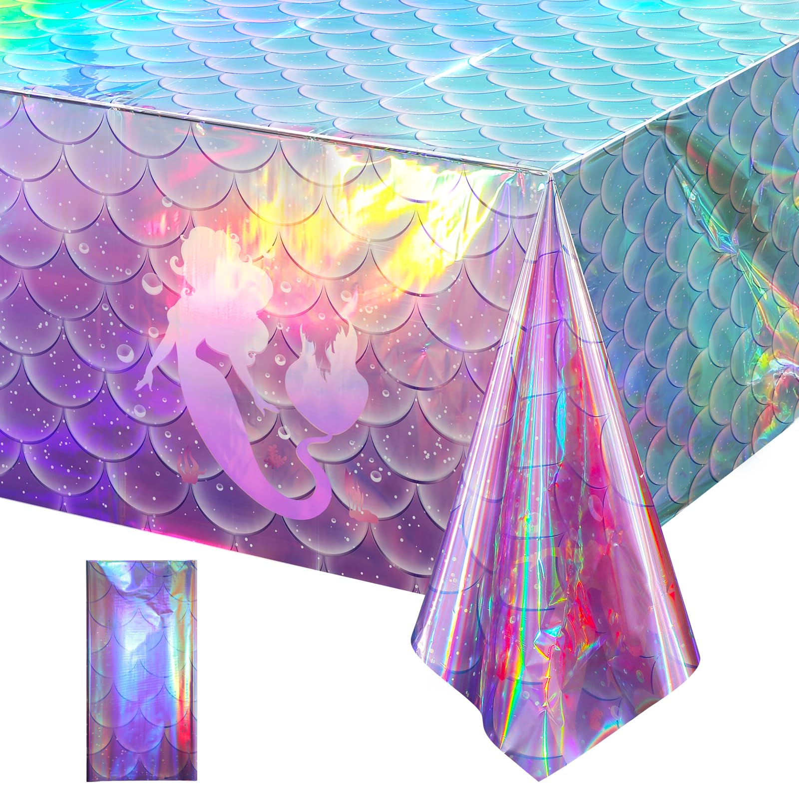 1Pcs Mermaid Iridescence Plastic Tablecloths,Mermaids Laser Table Cloths Holographic Foil Disposable Table Cover for Girls Birthday Wedding Disco Holiday Mermaid Themed Party Decorations 54 x108 inch