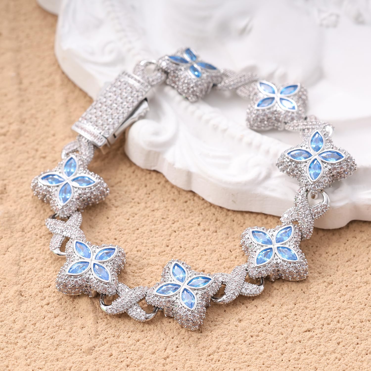 Lulu Mel Cross Infinity Charm Cuban Chain Bracelet for Men Women, Iced Out Silver Colorful Prong Setting 5A Cubic Zirconia Diamond Fashion Four-Leaf Cuban Bracelet for Rapper Gift - Image 8