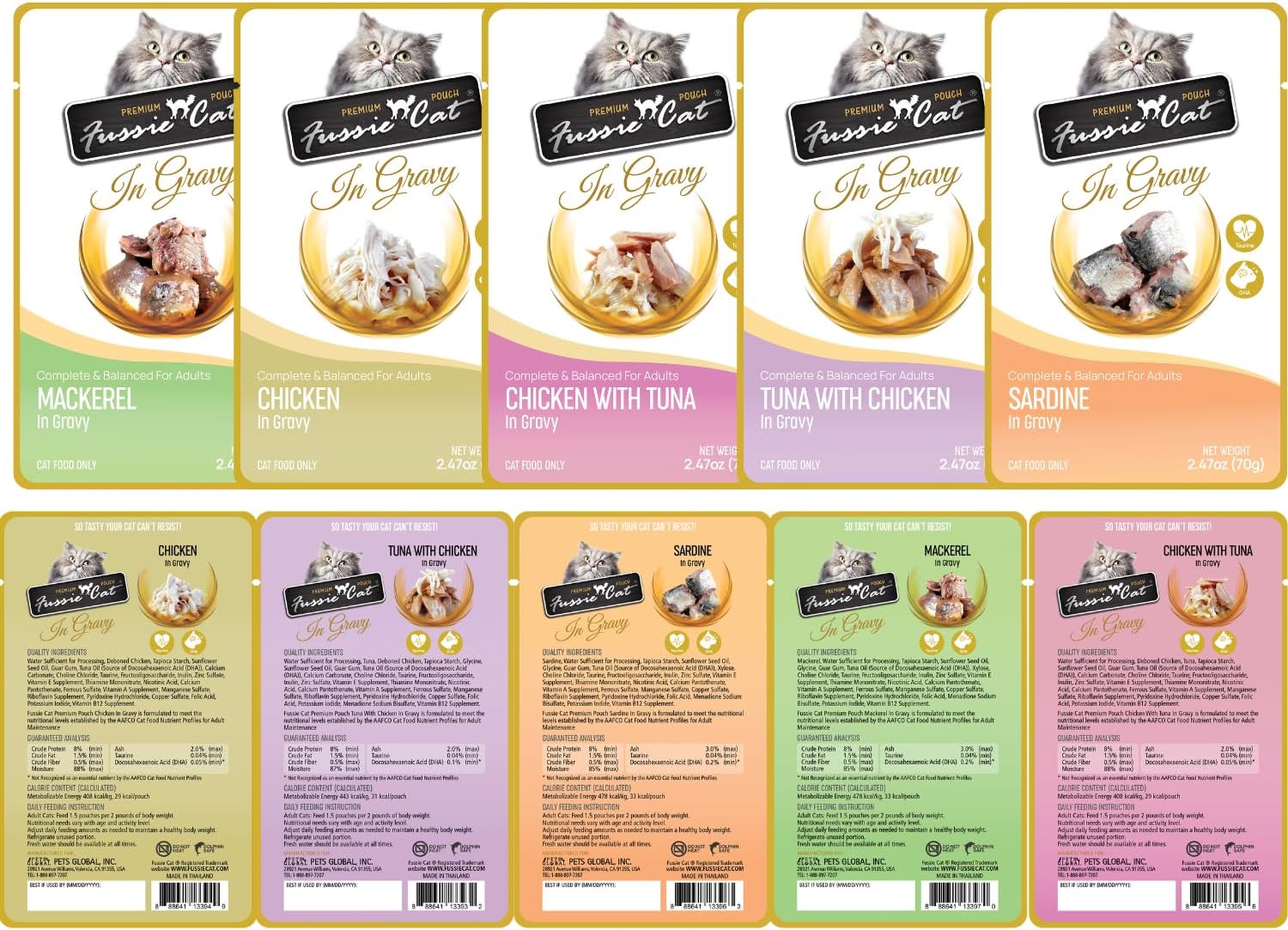 Fussie Cat Premium Wet Cat Food in Gravy (5 Pack) 2.47-oz Pouches, 5 Flavor Variety Pack+ lid