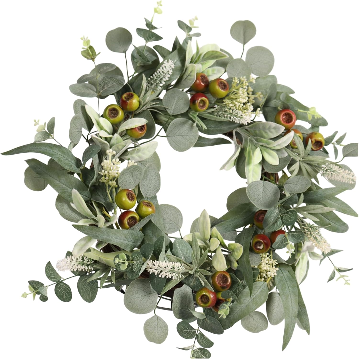 22IN Spring Summer Eucalyptus & Berry Wreath with Realistic Lamb's Ear Leaves. Seasonal Greenery Decor for Front Door, Wall, and Year-Round Celebrations.